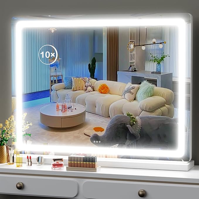 Makeup Vanity Mirror with Lights 32" x 24" Large LED Makeup Mirror, Light up Mirror with 10X Magnification and USB Charging Port, with Dimmable 3 Modes, Touch Screen Control Round Black
