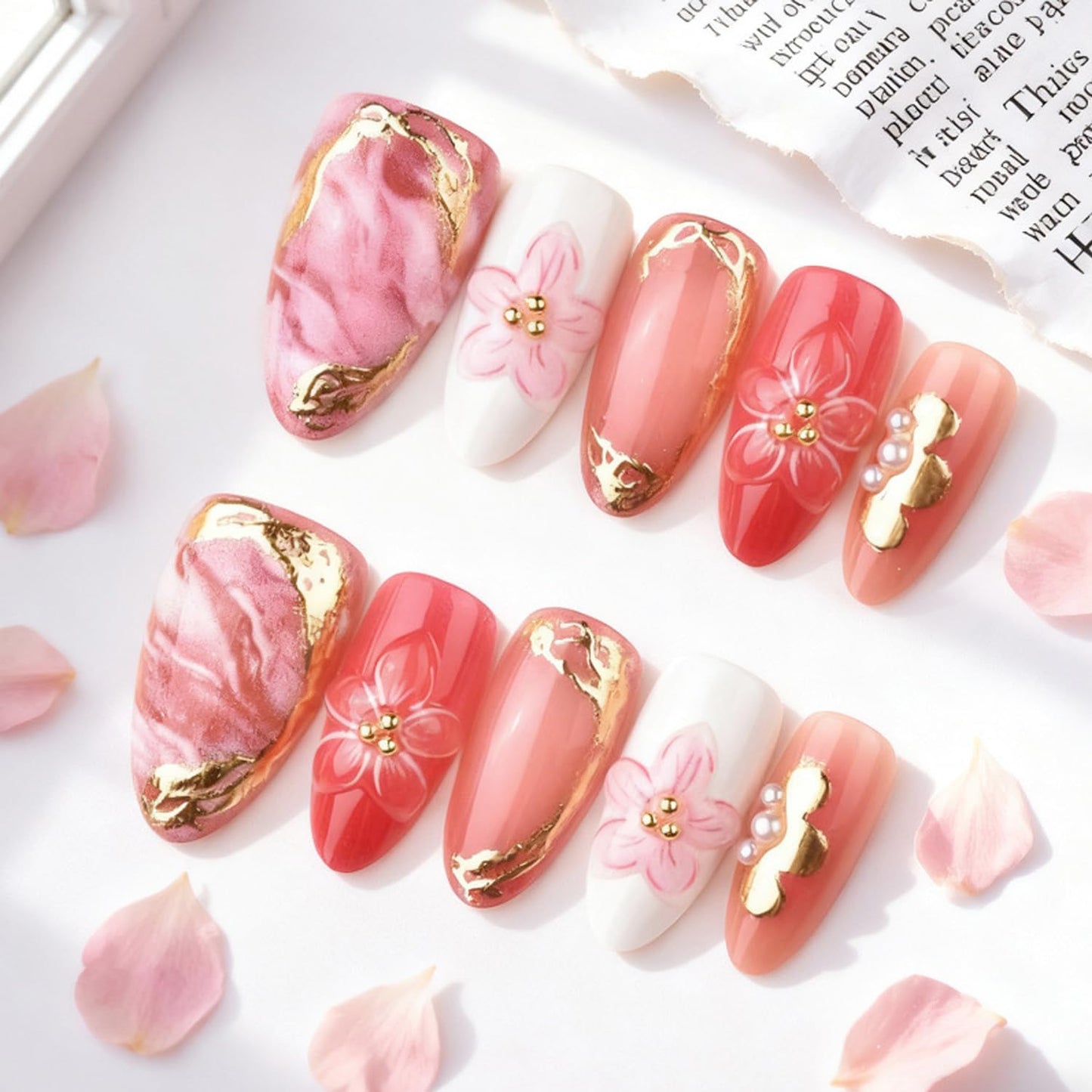30pcs French Tip Press on Nails Medium Almond Fake Nails with 3D Flower Gold Beads Designs Lrregular Gilded Floral False Nail Cute Acrylic Nails Kit Pink Full Cover Glue on Nail for Women DIY Decor