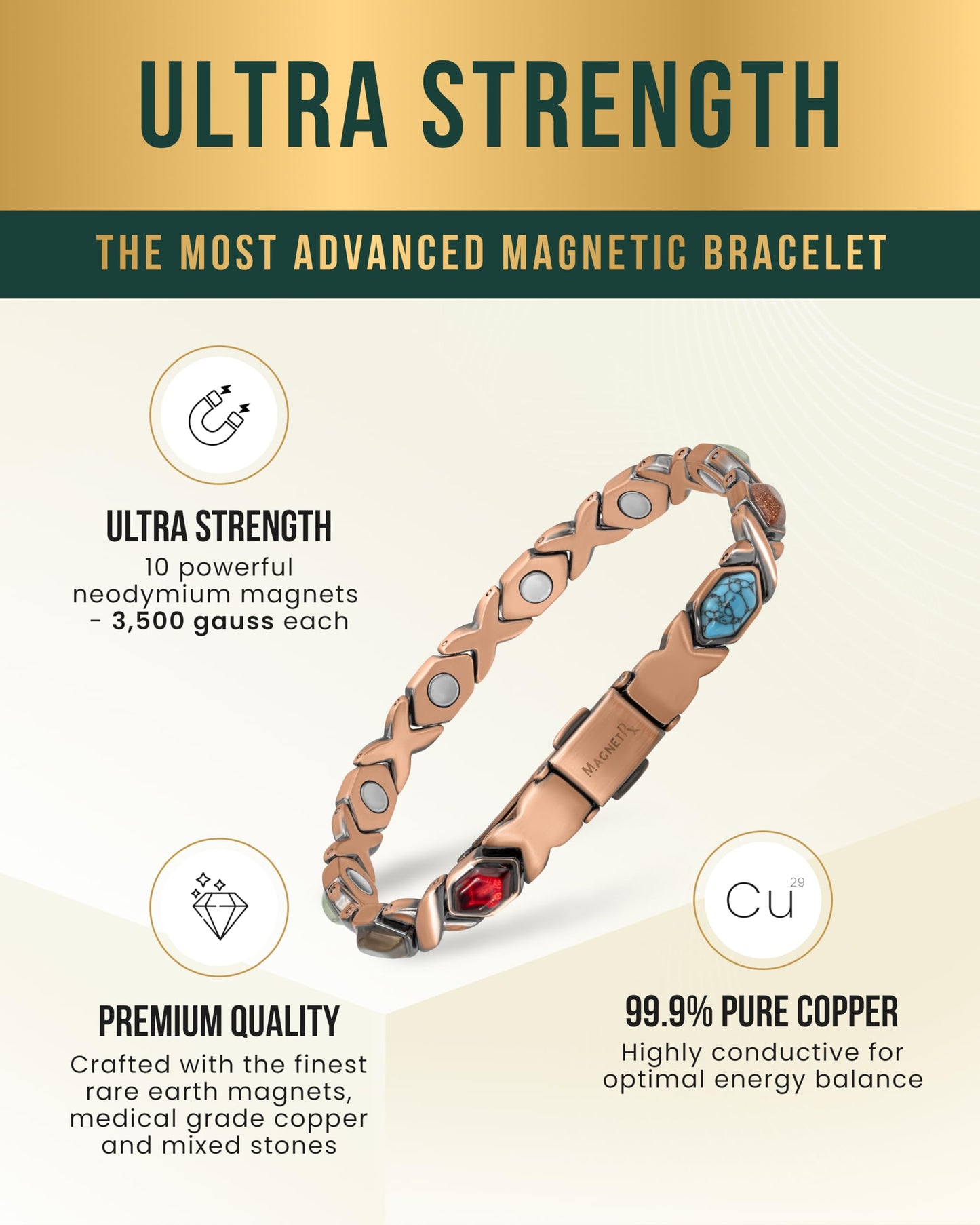 MagnetRX Pure Copper Bracelets for Women – Ultra Strength Copper Magnetic Bracelet with Multiple Stones – Adjustable Stone Bracelets for Women with Sizing Tool (Mixed Stones)