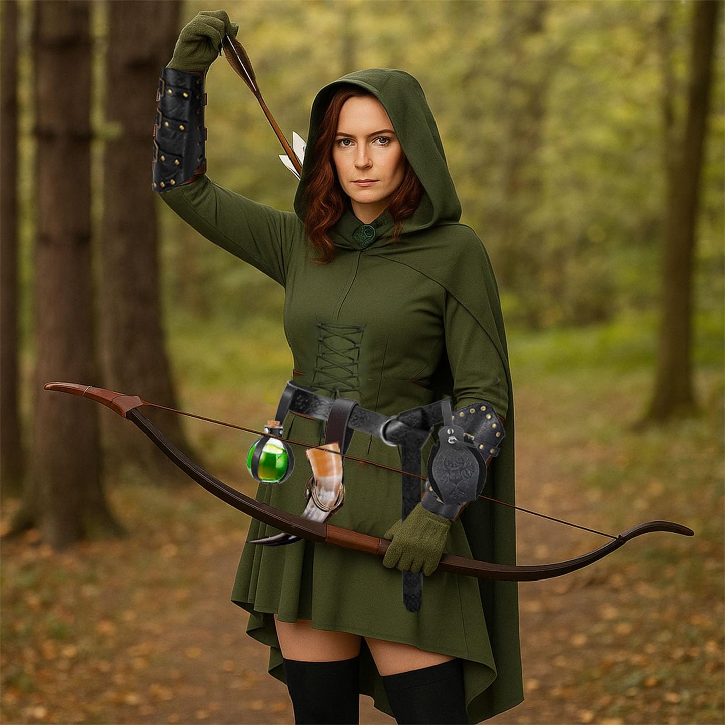 SUMGOGO 8 Pcs Renaissance Womens Costume Medieval Hooded Robe Belt Pouch Arm Bracers Hook Potion Bottole DIY Festival Accessory (Green-Black, M)