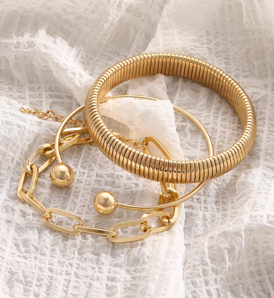 Chunky Gold Bangle Bracelets for Women, Dainty 14k Gold Plated Stackable Chain Bracelet Set, Trendy Statement Cuff Ball Bangles Stack Jewelry