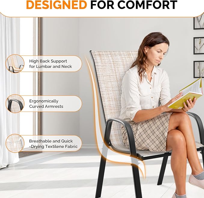 VINGLI Patio Chairs Set of 2 – Stackable Outdoor Dining Chairs with Comfortable Sling High Back Chairs and Armrests for Lawn, Poolside, Courtyard, Balcony, Garden, Yellow