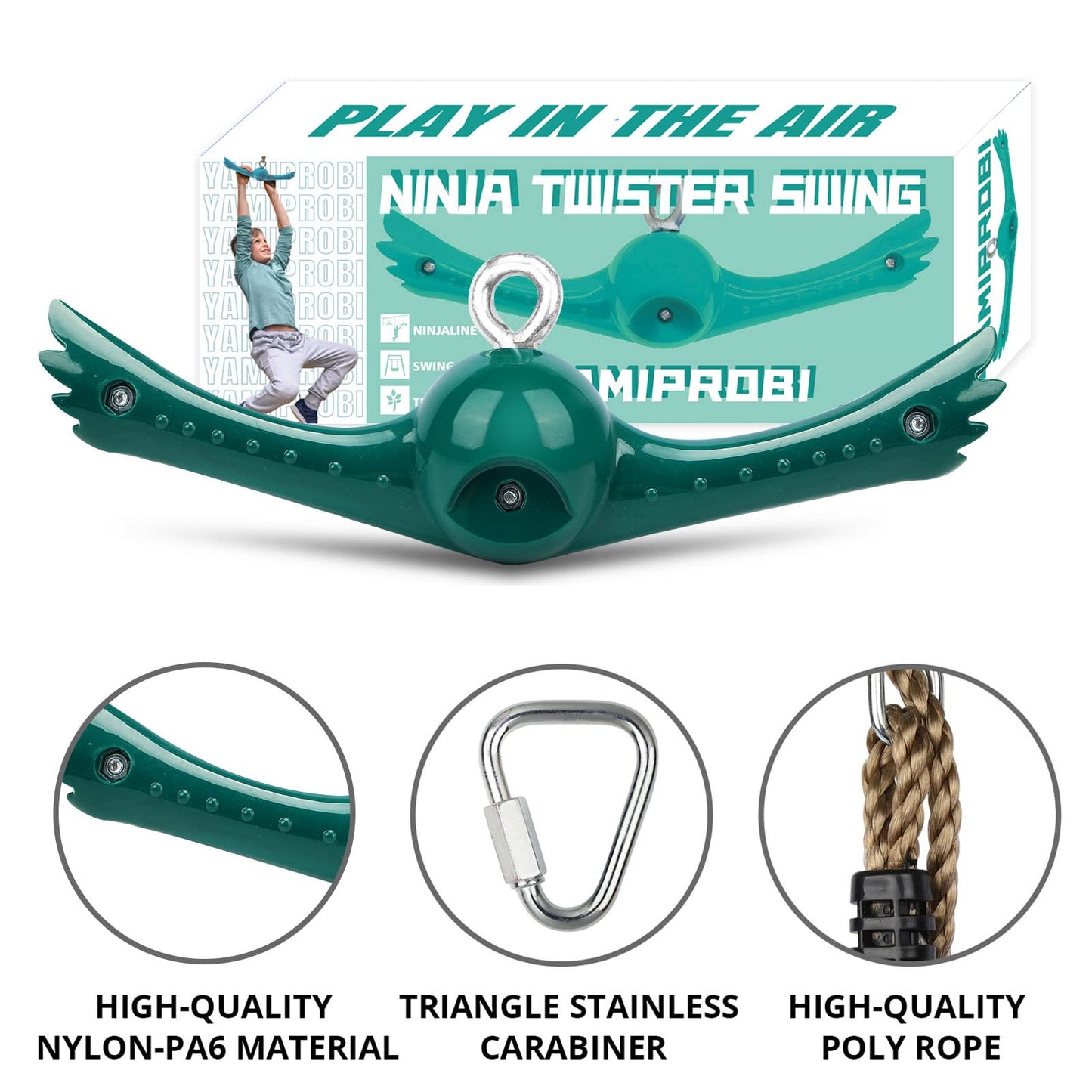 YAMIPROBI Swing Spins Set: 360° Handle Twist-Spin Flips Toy - Slackline Attachments Activate Play Powers - Accessories for Kids' Playground and Backyard Fun, Green