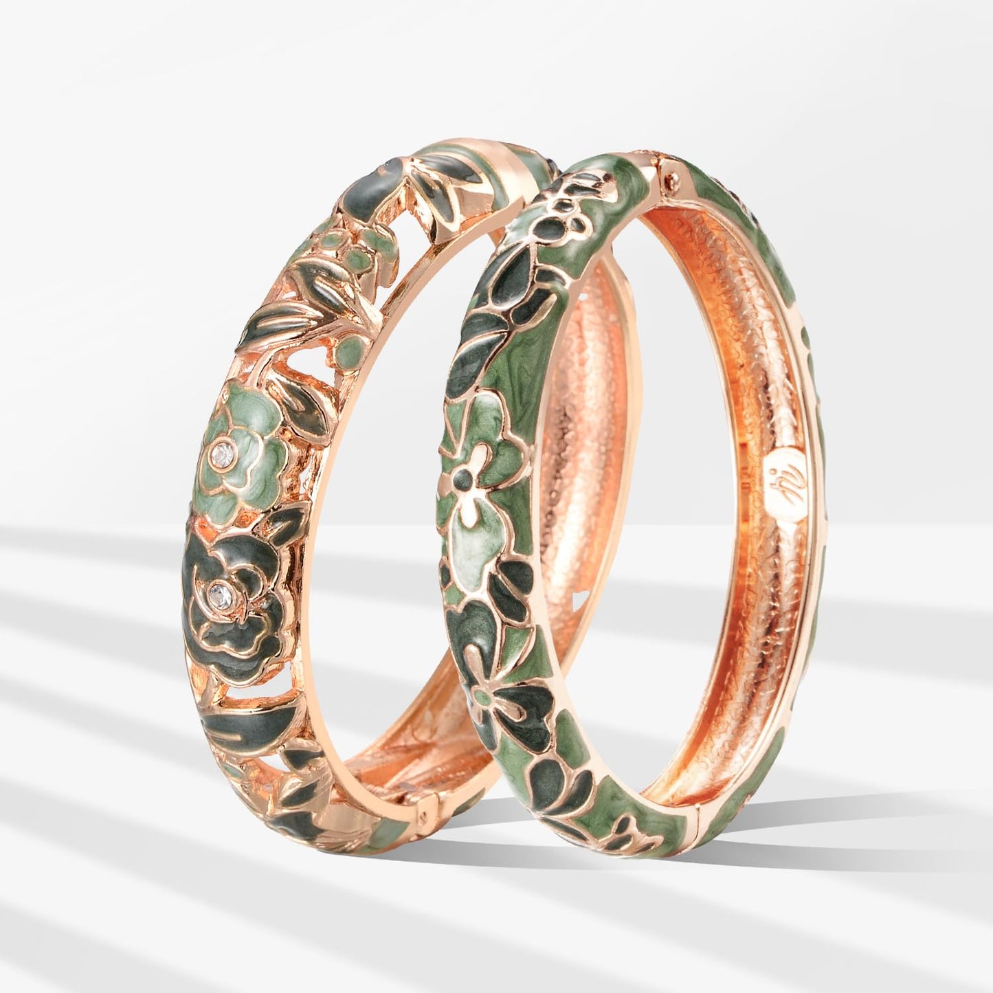 UJOY Vintage Jewelry Cloisonne Handcrafted Flower Enameled Gorgeous Rhinestone Hinged Cuff Bracelet Bangles Gifts 88A10-55A100 Green