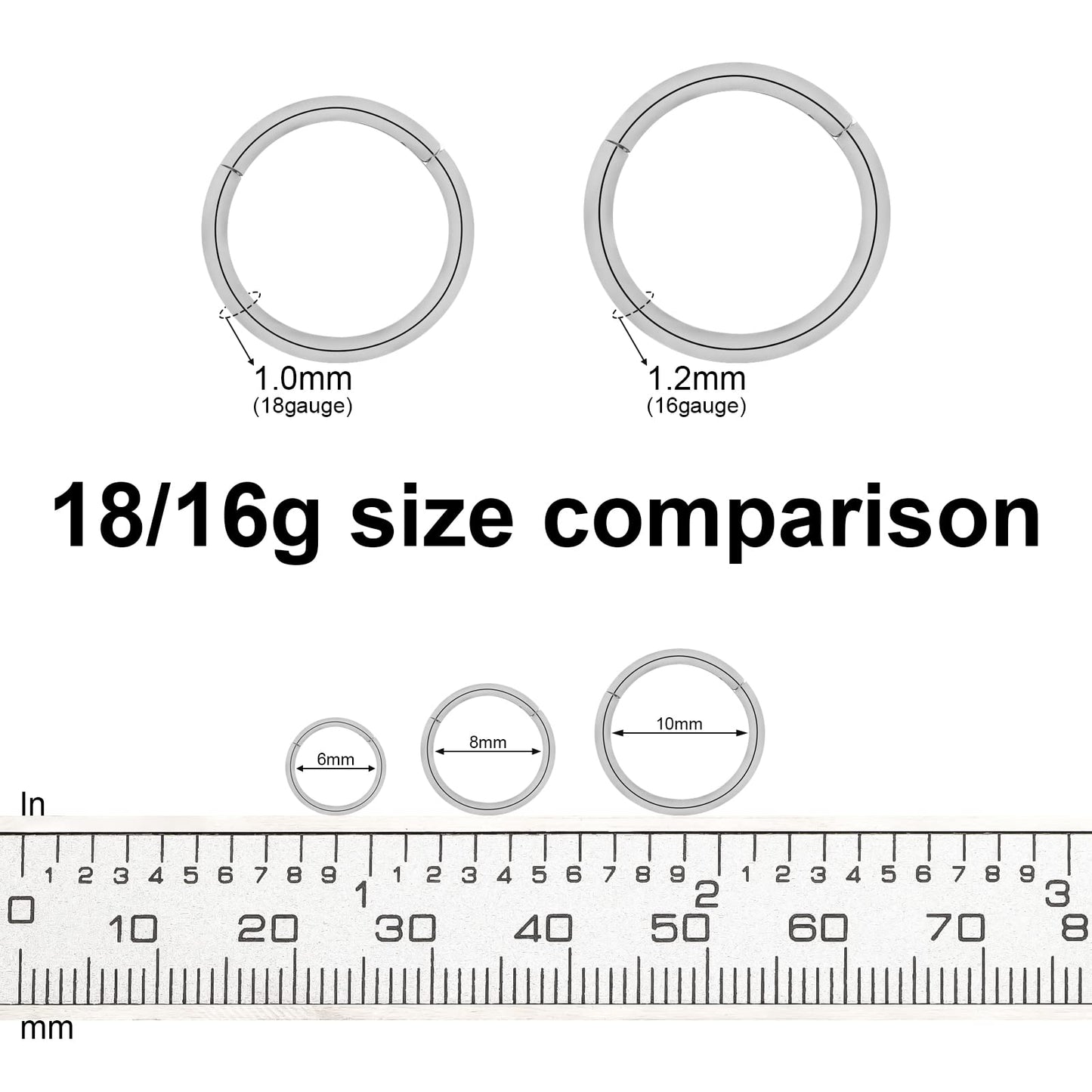 BOGKU 6pcs G23 Titanium Septum Rings 16G Diameter 6mm/8mm/10mm Hinged Nose Ring Hoops for Women Men Cartilage Hoop Earrings Body Piercing Rings Silver Lip Rings