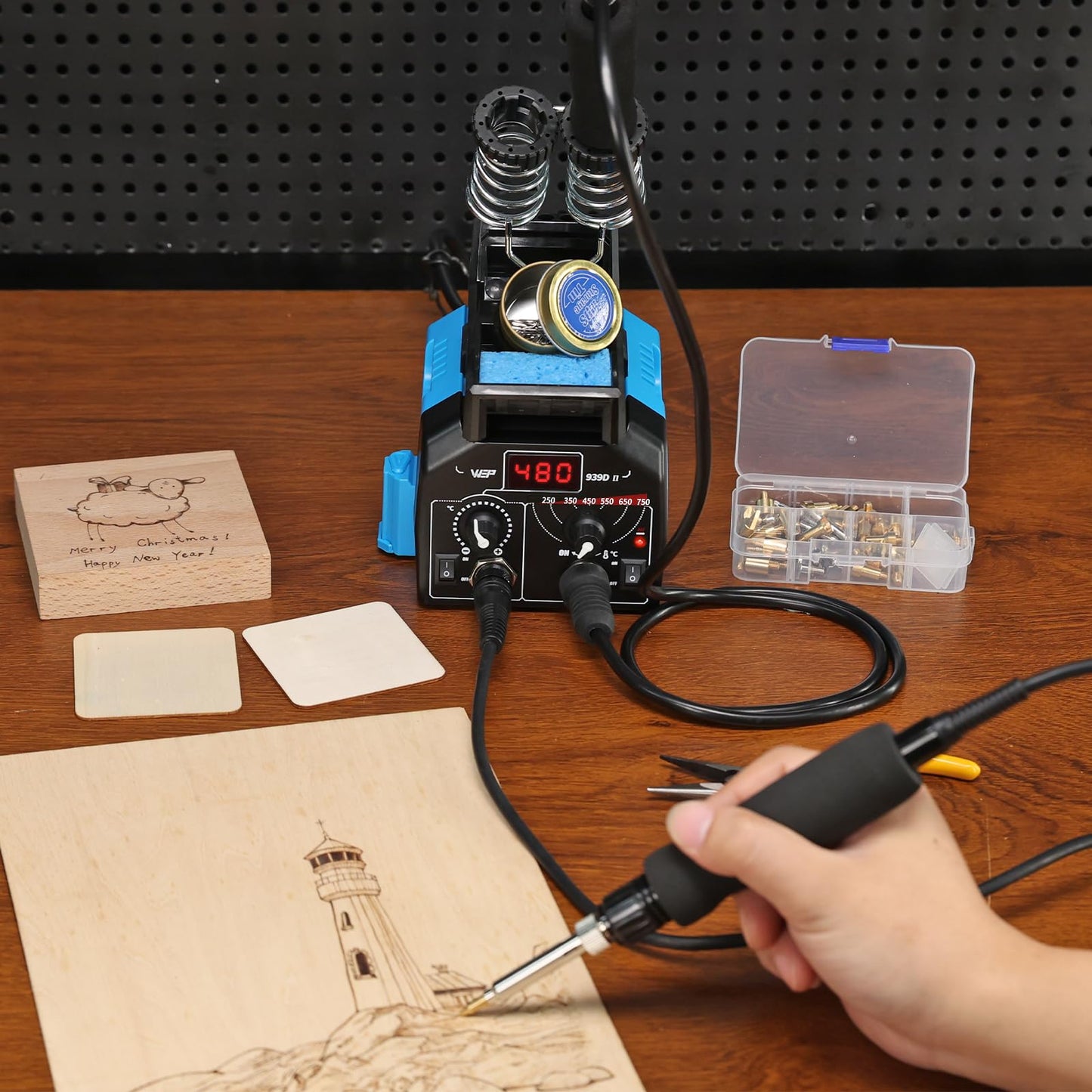 WEP 939D-II 2-IN-1 Wood Burning Kit 86-IN-1 with 51 Solid Points and 20 Wire Nibs Wood Burner with 2 Letter Number Stencils, 2 Unfinished Wood, 1 Pen Holder, Burning Tool