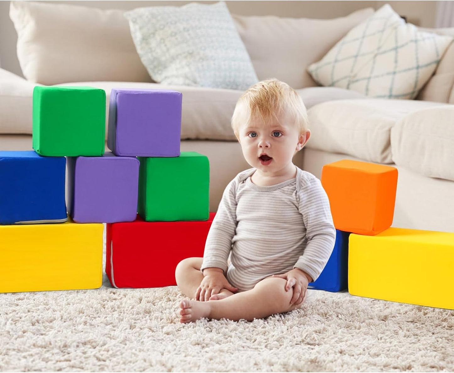 UHAPPYEE Toddler Foam Buliding Blocks - 12 Piece in 2 Shapes Fabric Covered Stacking Block Sets -Soft Play Set for Kids Idea for Building and Throwing Fun-Red