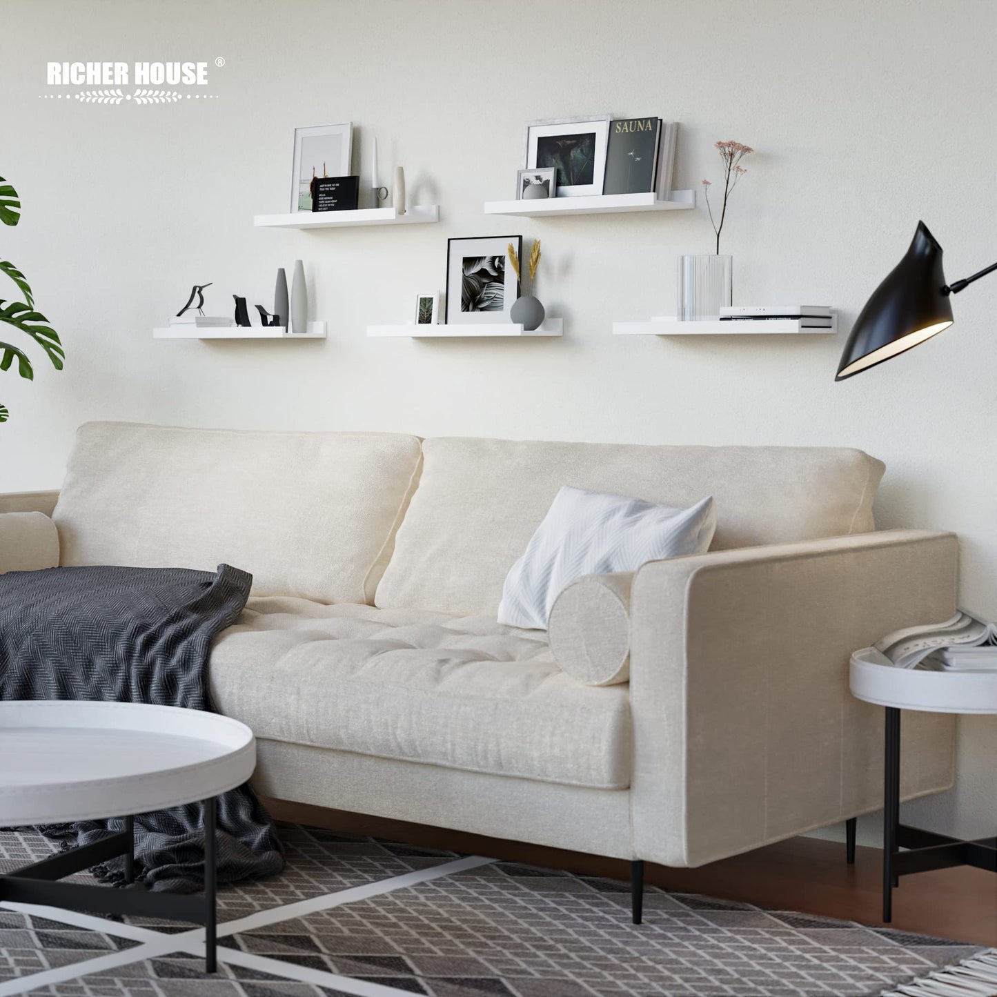 RICHER HOUSE 5 Set White Floating Shelves, Wall Mounted Shelves for Wall Decor, Modern Picture Ledge Shelf with Lip for Storage Nursery, Bedroom, Living Room, Bathroom - White