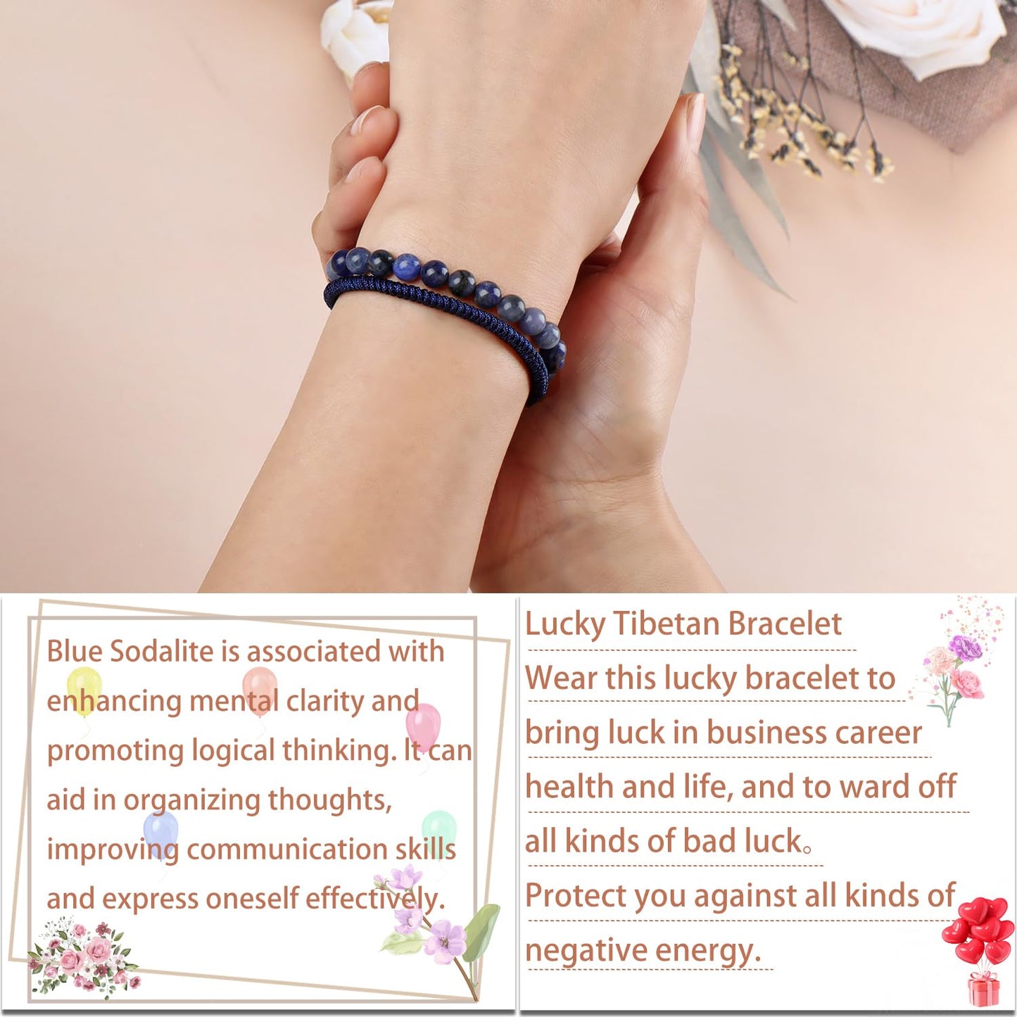 LPBeads 6mm Blue Sodalite Bracelet with Handmade Rope Bracelet Size Adjustable Natural Stone Crystal Healing Bracelets Gifts for Unisex Adults