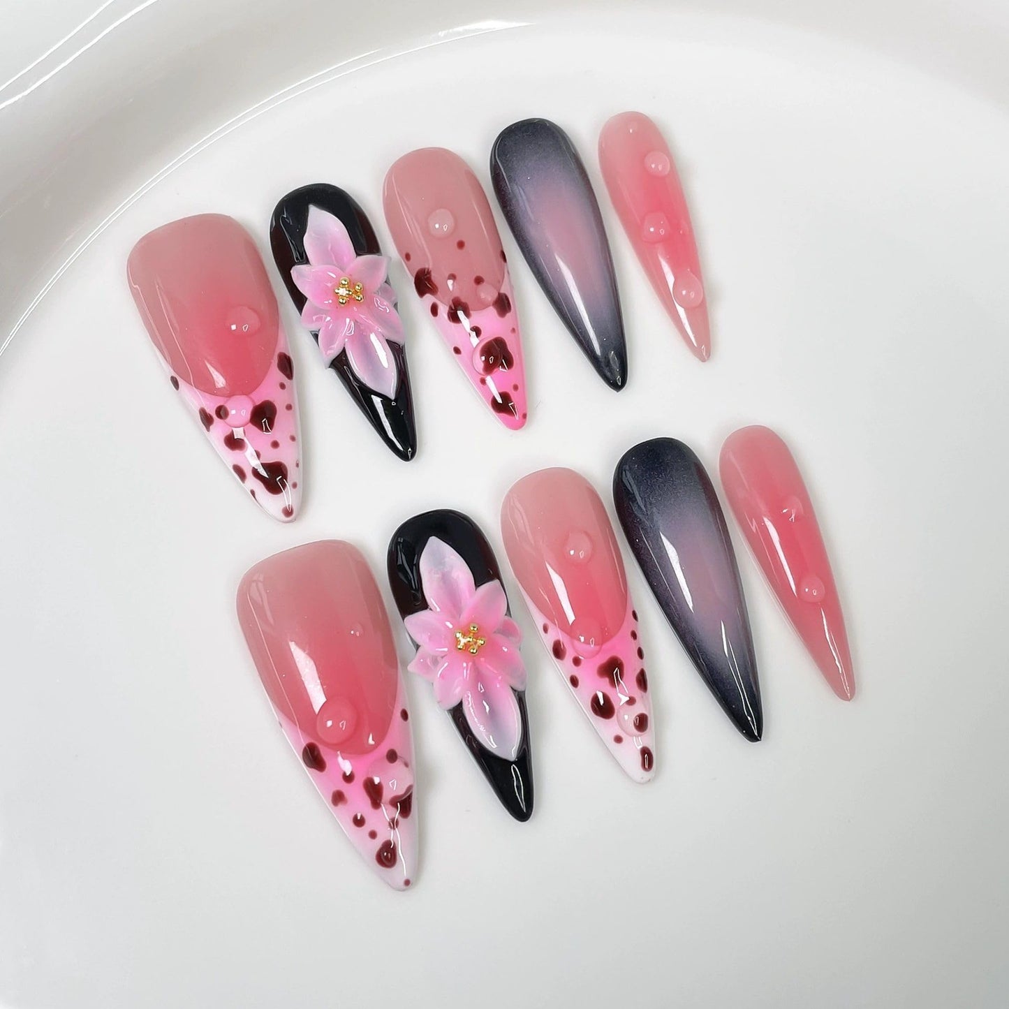 Threelegscat Handmade Press on Nails Long Almond Shape Fake Nails Stiletto Nail With Design for Women and Girls 10pcs Size M Pattern St1159