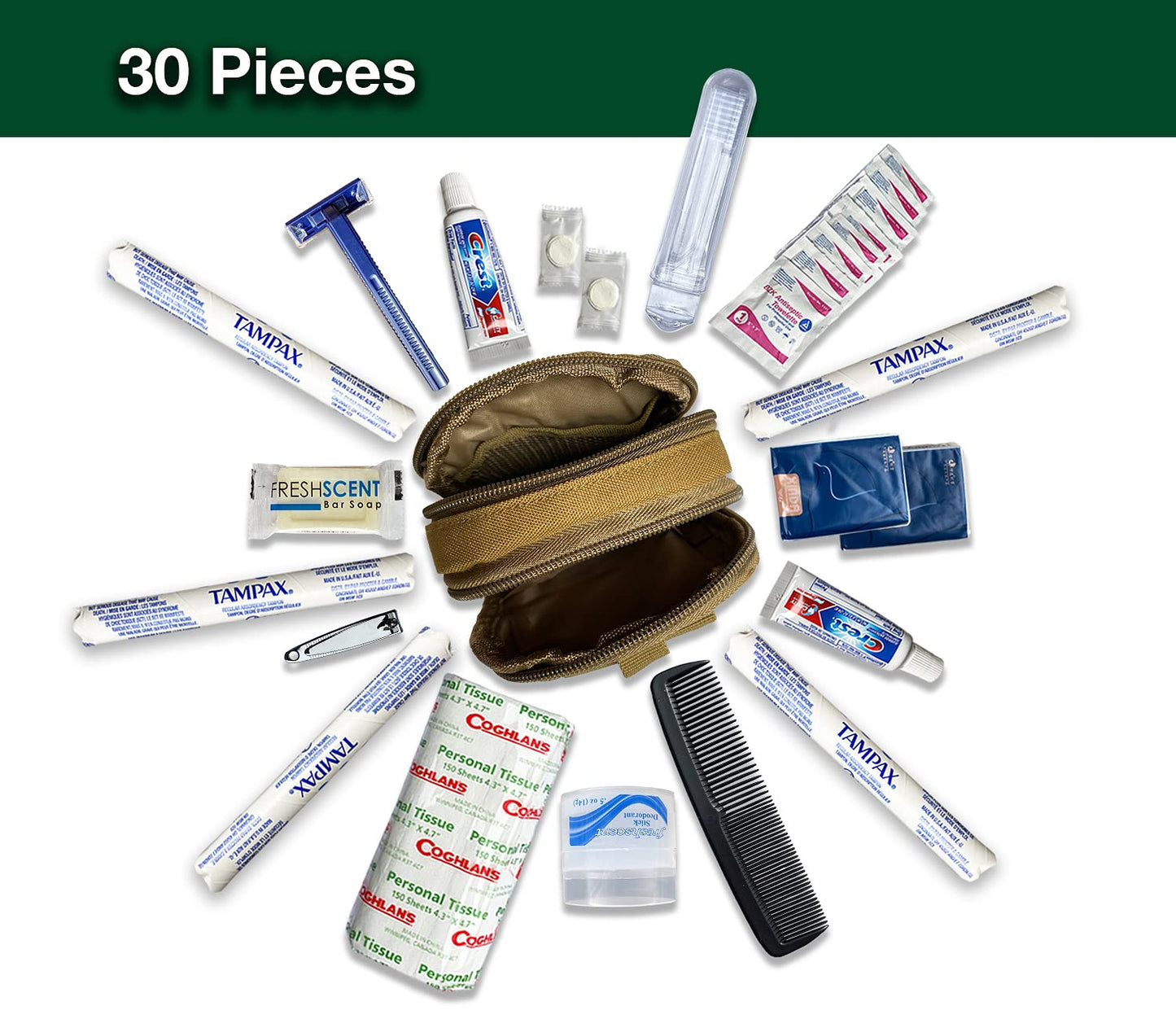 Premium Survival Hygiene Kit – Camping Hygiene Supplies – 72 Hour Kit – MOLLE Pouch – Emergencies, Bug Out Bags, Hurricanes – Disaster Preparedness Hygiene Kit – Car Window/Laptop Sticker Included