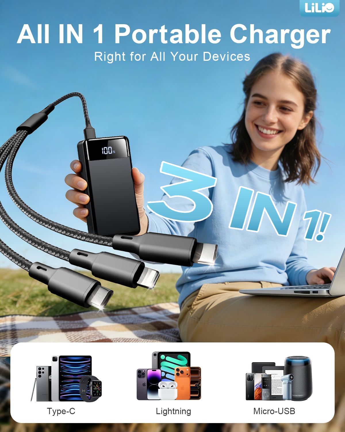 LILIO Portable Charger Power Bank，60,000mAh Battery Pack, 22.5W Power Bank Fast Charging with USB Cable, Phone Charger for iPhone 17/16/15/14/13 All Series/Samsung/Android, Camping Essentials, Black