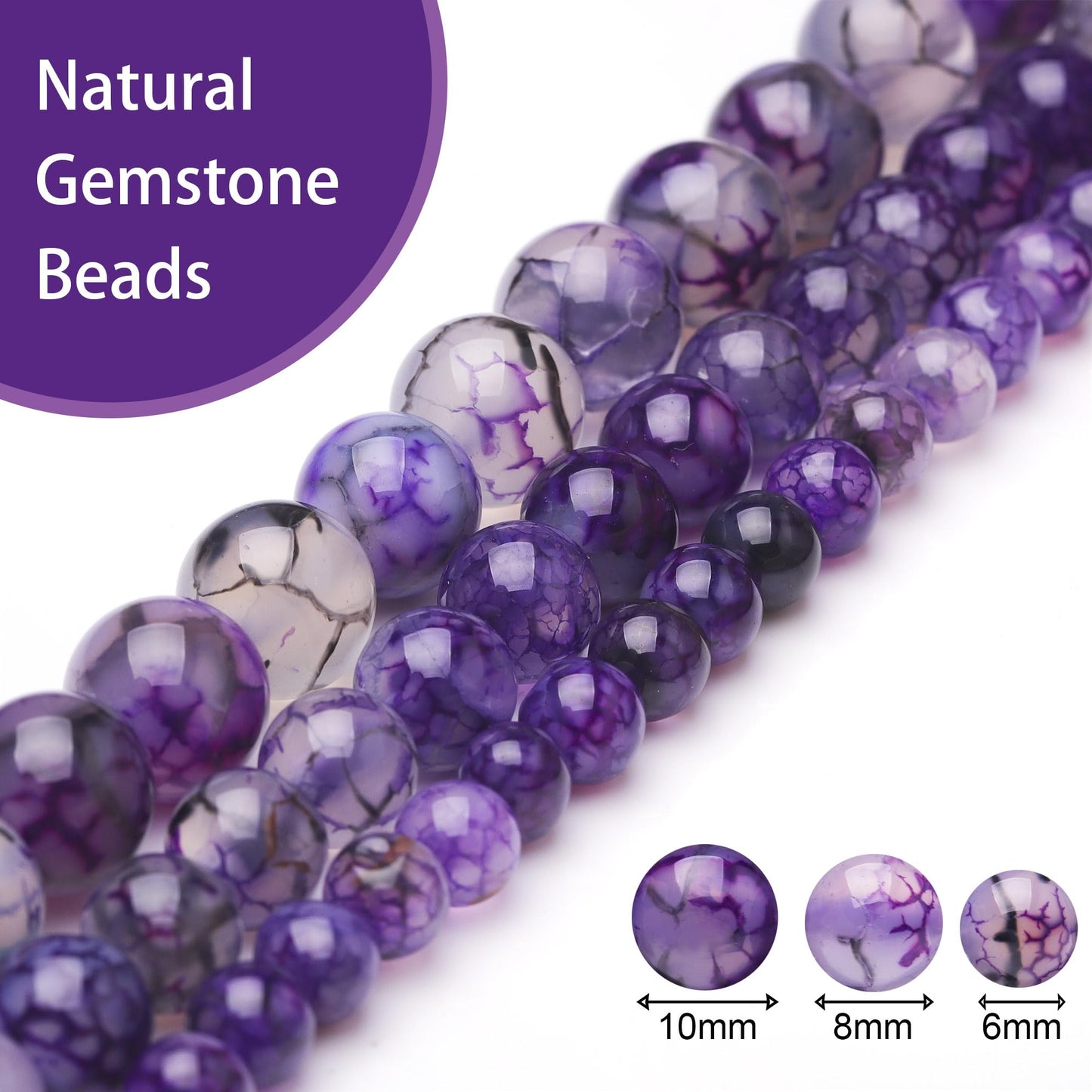 Chicager 8mm Natural Stone Beads for Jewelry Making,Purple Dragon Vein Agate Polished Smooth Round Gemstone Beads for Bracelet Necklace 15 Inch