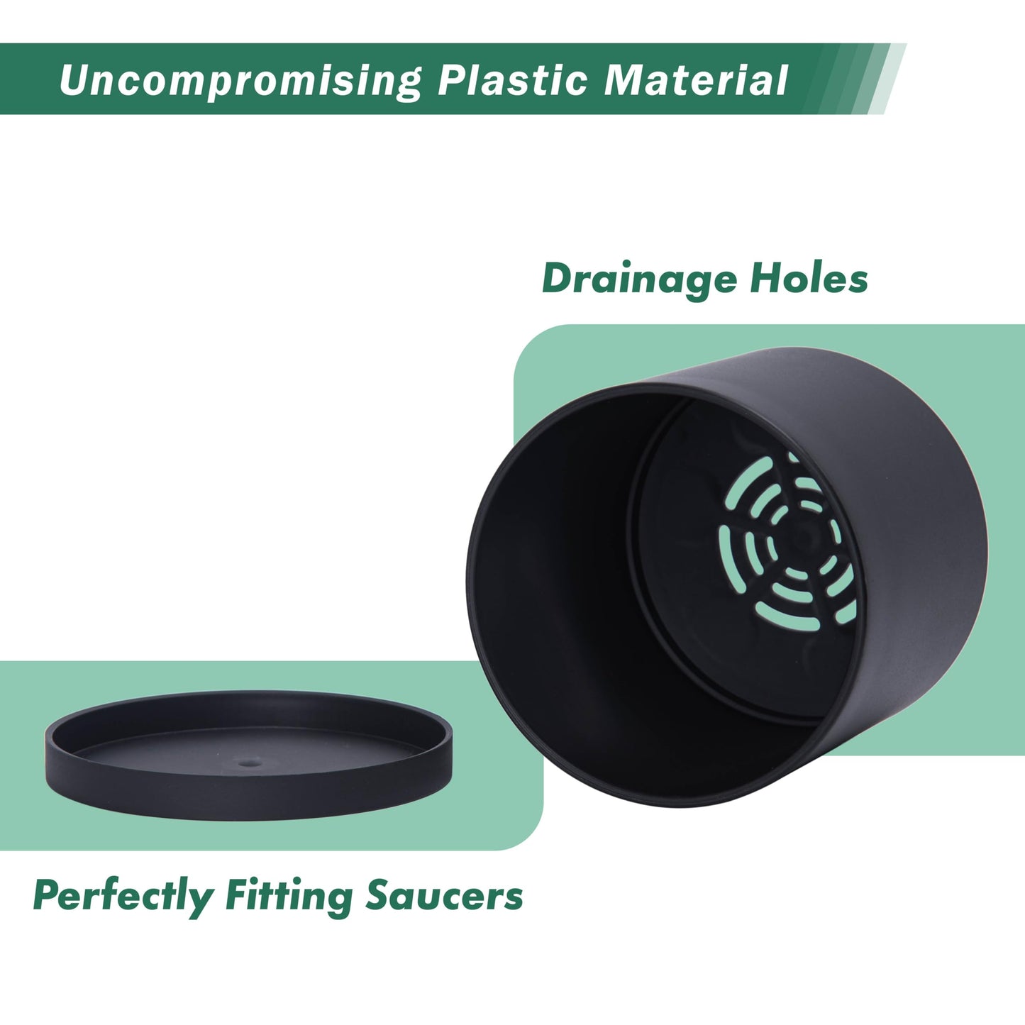 D'vine Dev 6 Pack 5 Inch Modern Plastic Plant Pots, Small Garden Planters for Plant with Drainage Holes and Saucers, Black Color, 74-Y-G-3