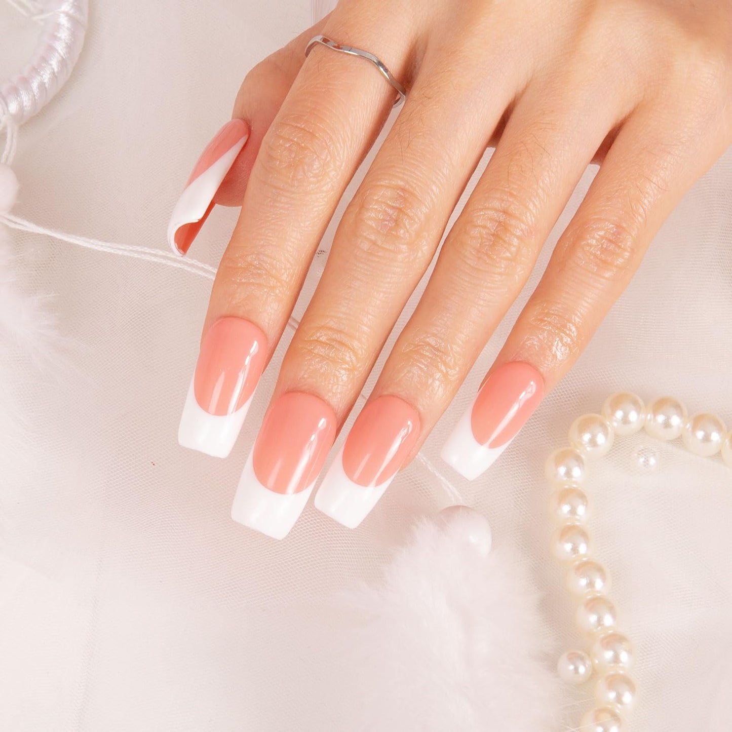 LOVFUL Press on Nails Coffee Latte French Tip| Handmade with Full Covered Crystals | Reusable Fake Nails | Square Regular 1.0 in | H12-L