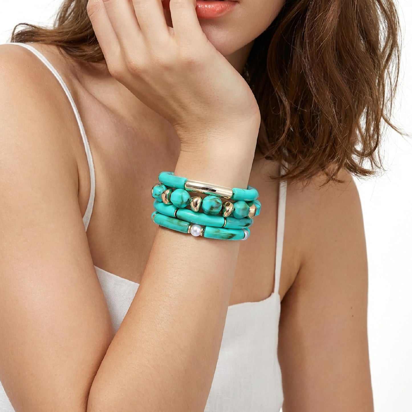 GOOJIDS Simple Beaded Gold Plated Bangles Bracelet Chunky Bamboo Tube Curved Stacking Clear Acrylic Colorful Beads Stretchable Gold Plated Bracelets Set For Women (T-Green Beads Set)