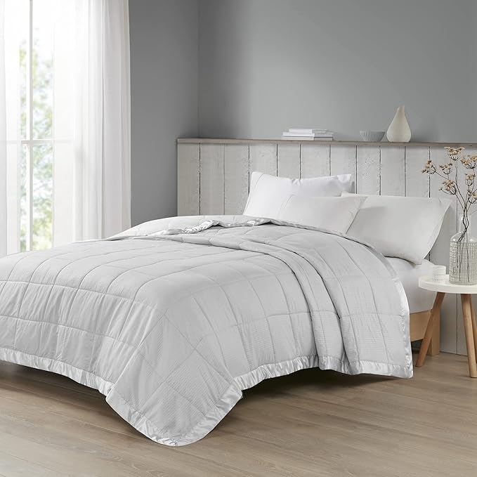 Madison Park Cambria Down Alternative Blanket, Premium 3M Scotchgard Moisture Wicking Treatment, Lightweight and Soft Bed Cover For Summer with Satin Trim, Oversized Full/Queen Gray