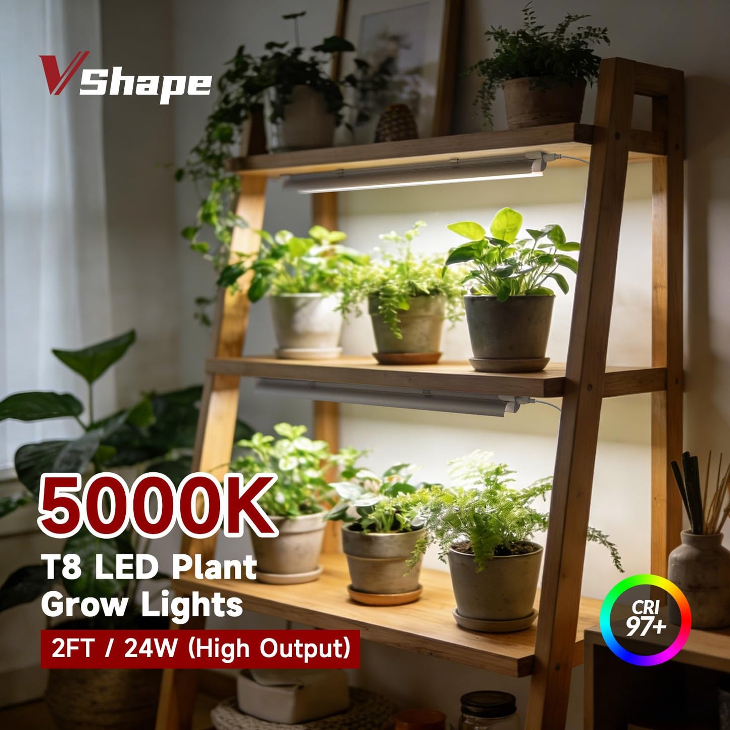 VShape 2 Pack LED Grow Light 2FT, 5000K Full Spectrum, 48W(2 x 24W), Linkable Growing Lamp Fixture, T8 Grow Lights for Indoor Plants, Seed Starting, Vegetables