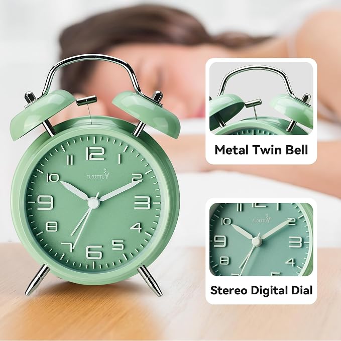 FLOITTUY (Loud Alarm for Deep Sleepers 4'' Twin Bell Alarm Clock, Stereo Digital Dial Alarm Clock with Backlight for Bedroom and Home Decoration(Pea Green)