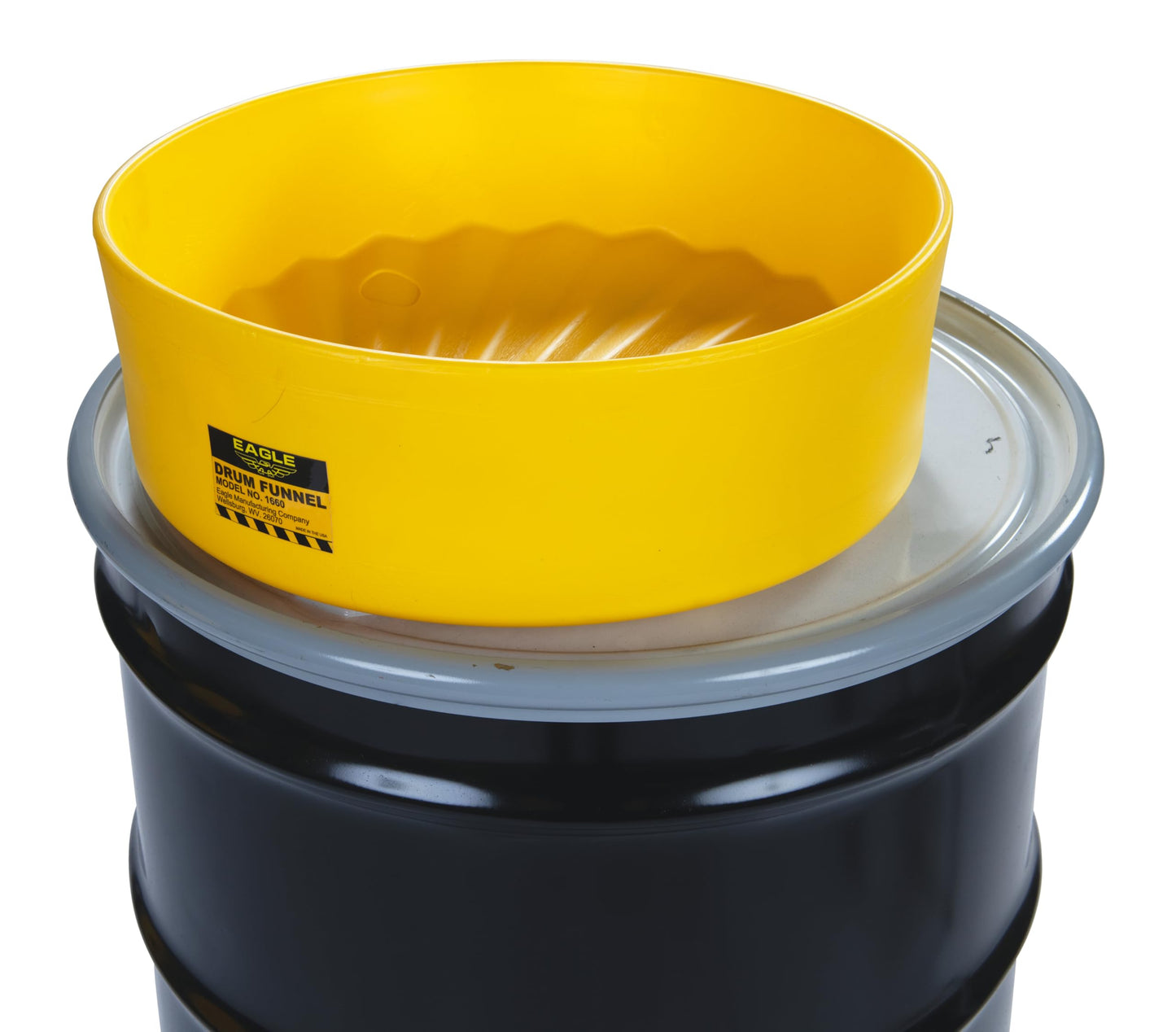 Eagle 1660 Drum Funnel – 18" Diameter, Yellow HDPE, Fits 30 & 55 Gallon Drums, 6" Side Walls to Reduce Splashing, Spout Fits 2" NPT Bung, Durable & Chemical-Resistant – Made in the USA