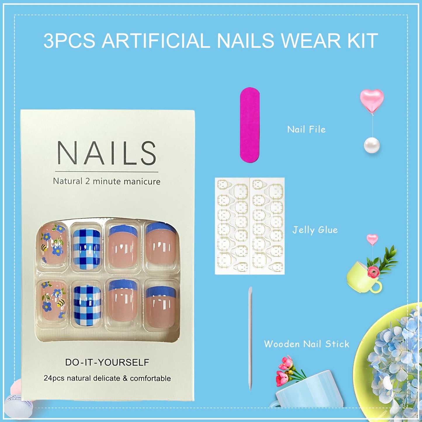 Tyuimhx Blue Flowers Press on Nails Square Short Fake Nail Blue French Tip False Nails Glossy Full Cover Stick on Nails Reusable Floral Artificial Glue on Nails for Women 24Pcs