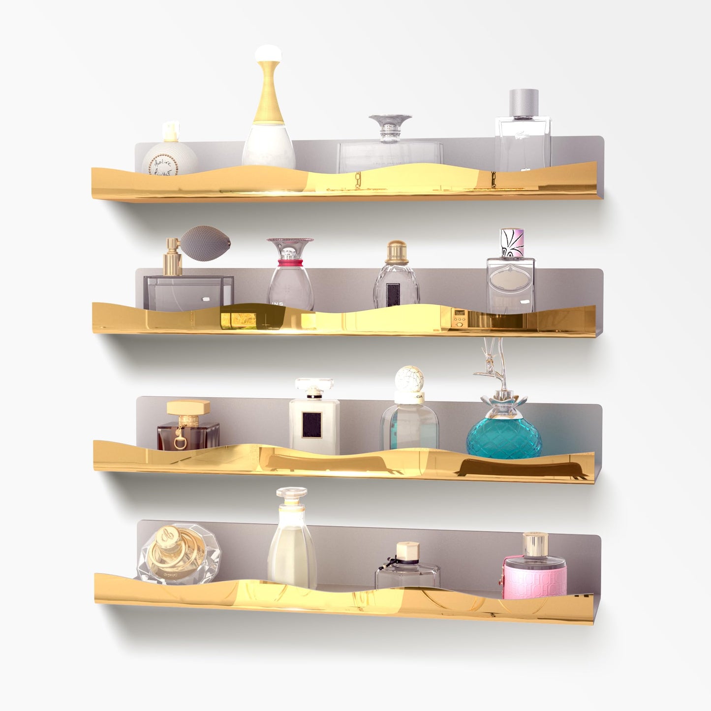 YMVV 15.7 in Large Golden Reflective Acrylic Mounted Floating Shelf, Perfume Organizer Shelf, Modern Bathroom Storage Toy Display Organizer Decor 4 Pack