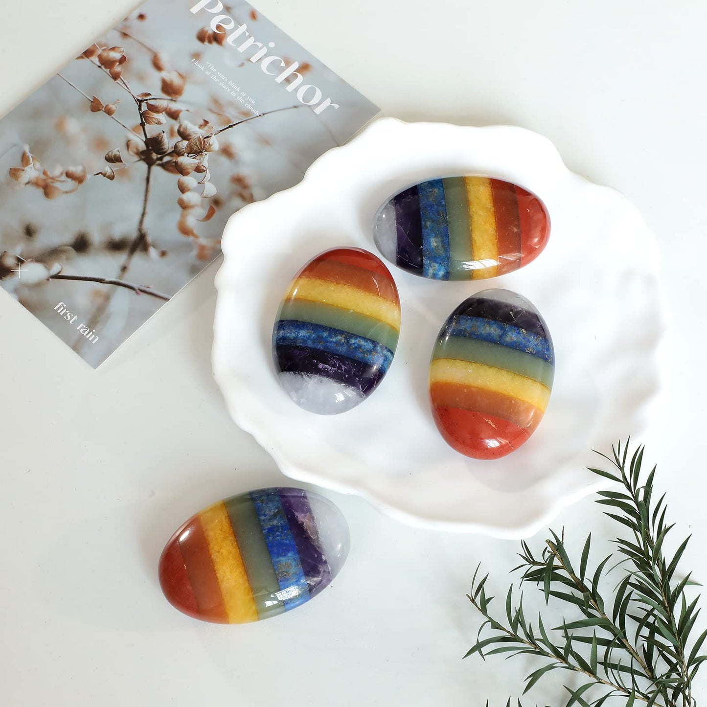 Loveliome Natural 7 Chakra Oval Polished Worry Stones, Healing Crystal Indoor Fountain Stones Massage Energy Anxiety Relief Items