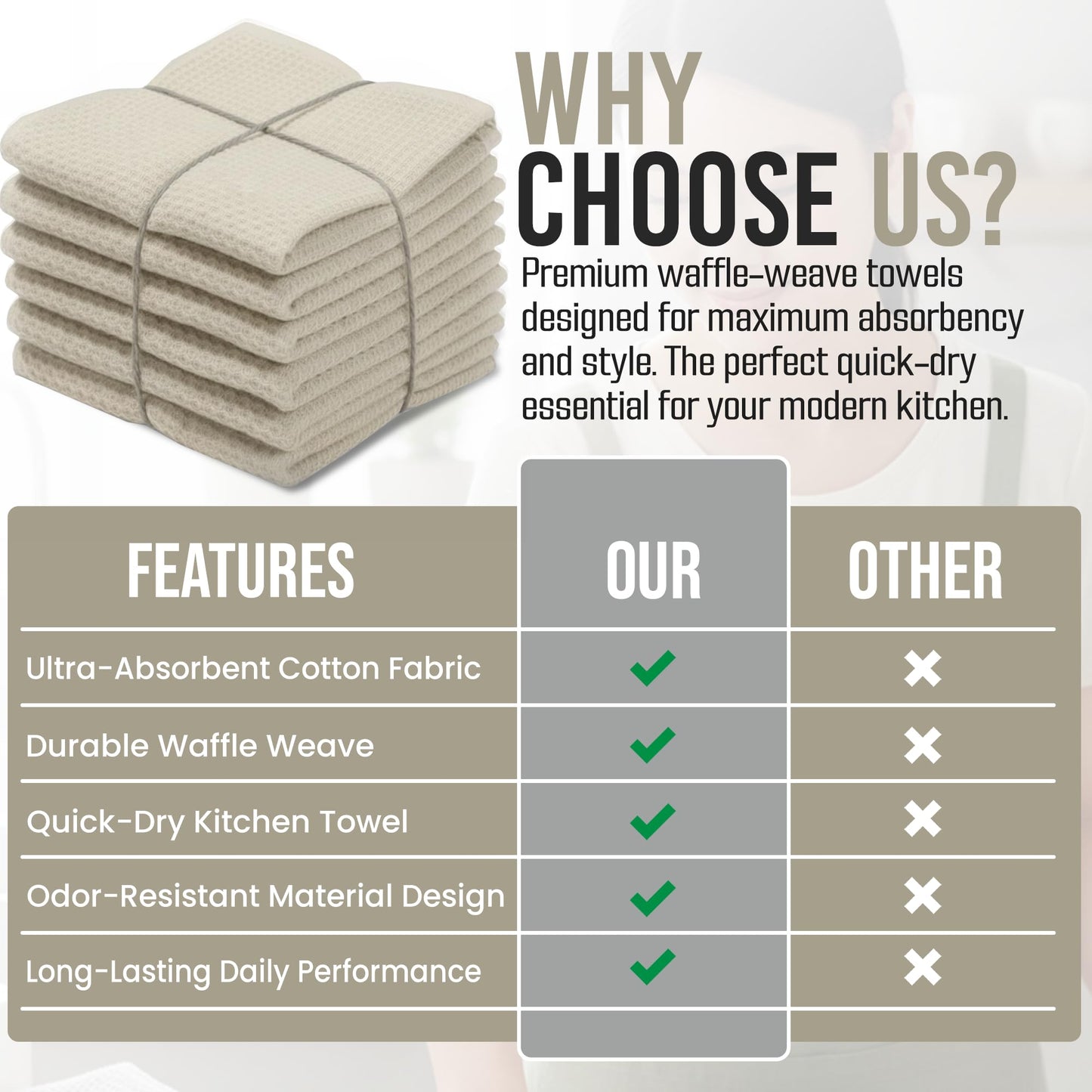 Ameri-Homes 100% Cotton Waffle Kitchen Dish Cloths 6-Pack– Ultra Absorbent & Quick Dry, Counters & Kitchen Use – Soft, Durable & Lint-Free13.50X13.50 inches (Off-White)