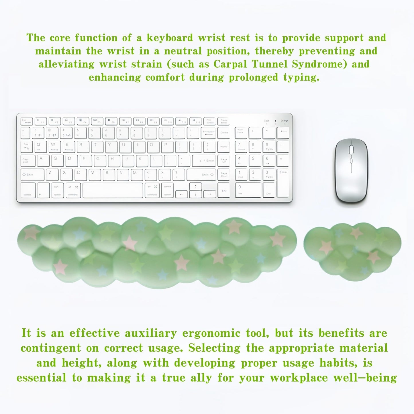 LJYZMD Cloud Wrist Rest Set for Keyboard and Mouse, Includes Cute Coaster, with Computers and Laptops (Green Colorful Star Set)