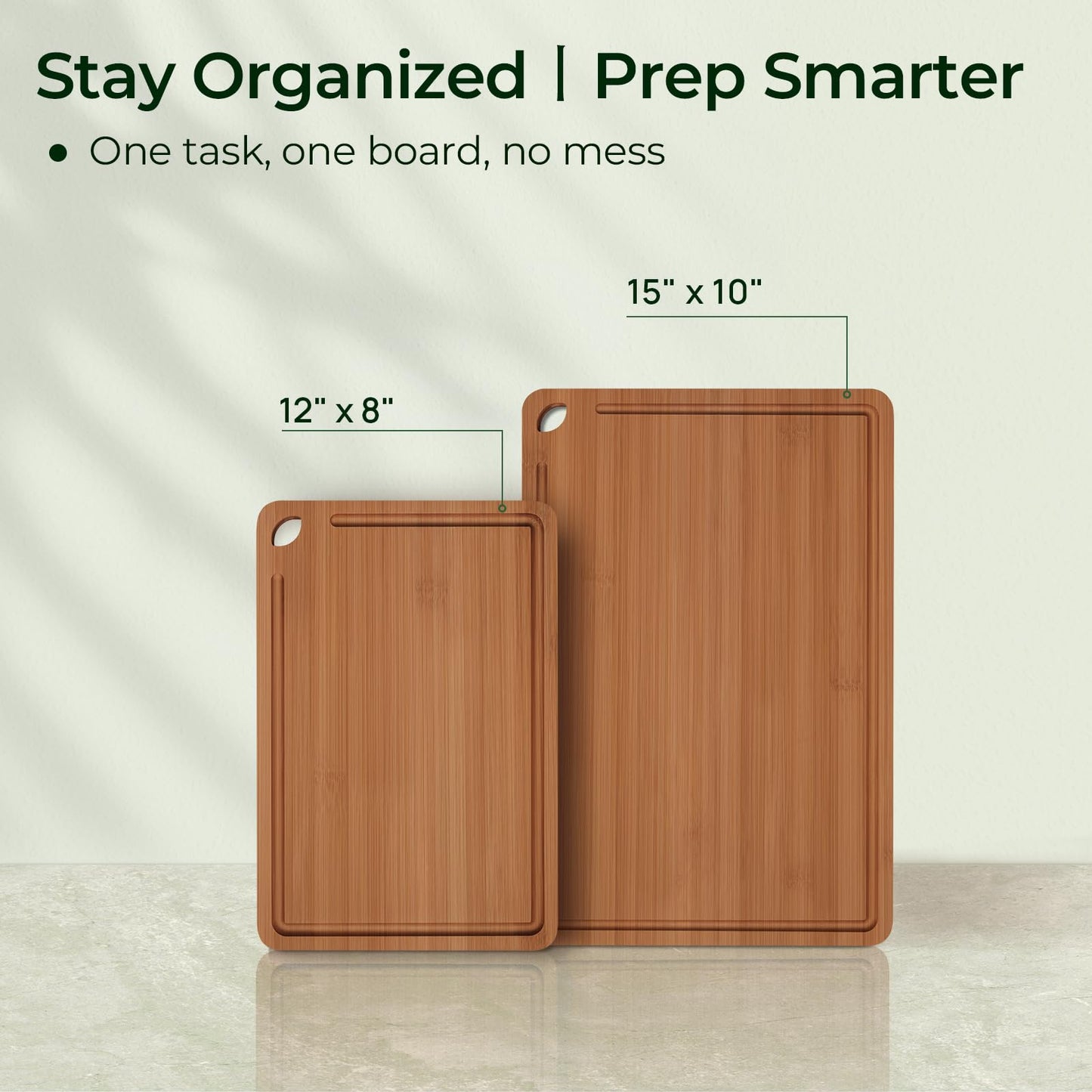 Keechee Butcher Block 2-Pcs Carbonized Bamboo Cutting Board Set With Juice Groove For Meal Prep & Cheese Serving - Ideal Kitchen Gift Set of 2 (M+L)