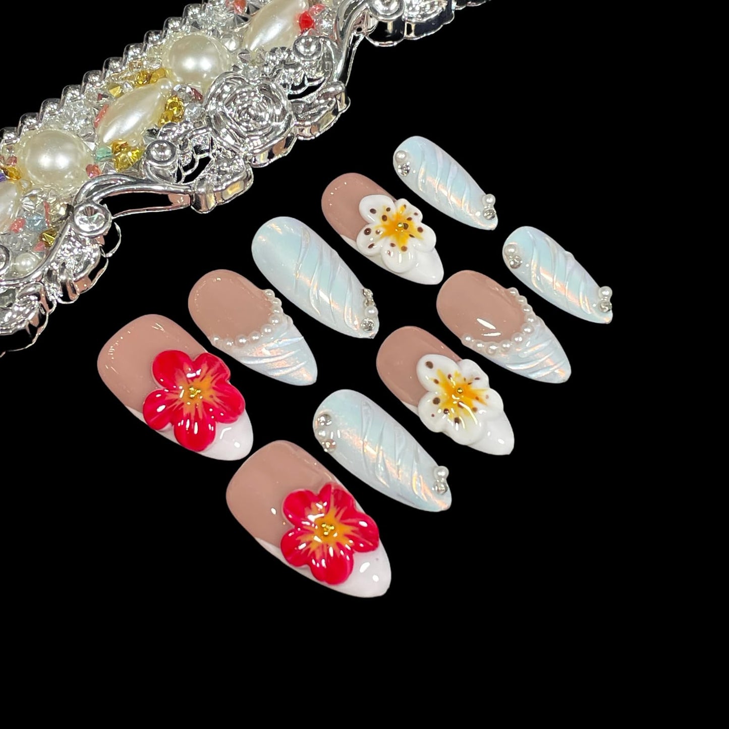 Handmade Press on Nails 3D Floral & Pearls - Medium Almond Fake Nails AuroraI White | Red/White Bloom Duo | Reusable Acrylic French Tip False Nails (Opal Flame, L)