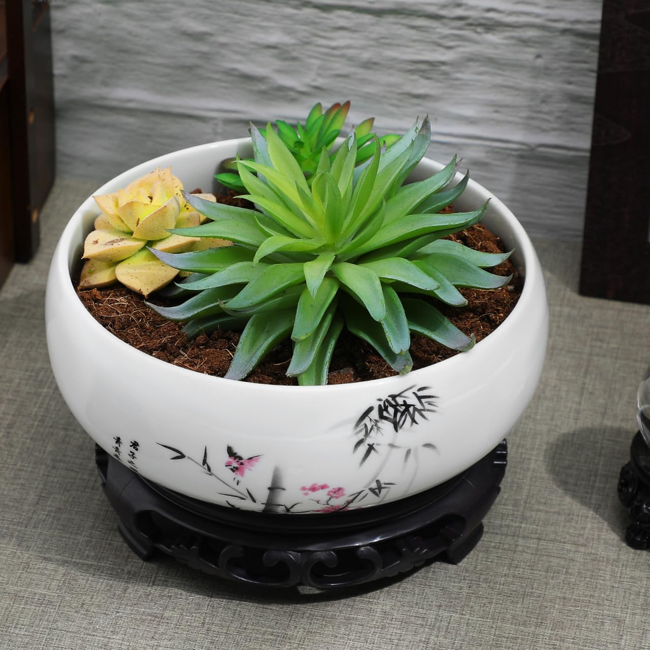 HANABASS Blue and White Porcelain Lotus Planter Hydroponic Ceramic Plant Pot with Plastic Base for Indoor Plants and Water Lily - Large Hydroponic Ceramic Flower Pot for Home and Office Decoration