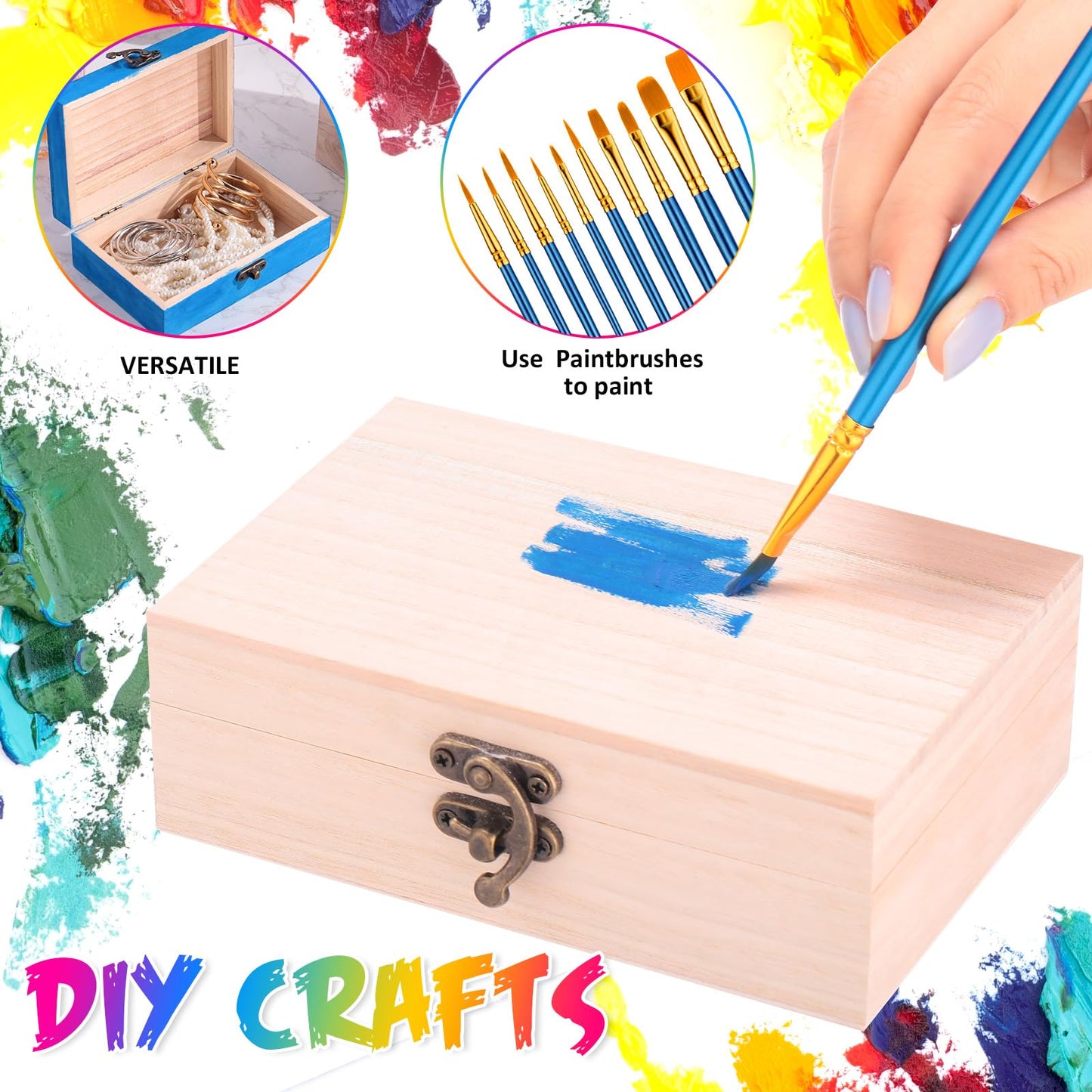 Barydat 24 Pack Unfinished Wooden Boxes for Crafts 6 x 4 x 2, Small Keepsake Box, Wood Box with 10 Paintbrushes and Hinged Lid Treasure Chest Wood Boxes for DIY Crafts Jewelry Birthday Party Favor