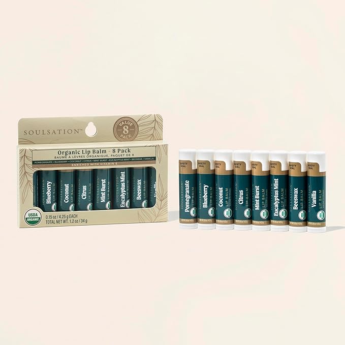 Organic Lip Balm Set, 8 Flavors - Moisturizing for Cracked & Dry Lips, For Men & Women