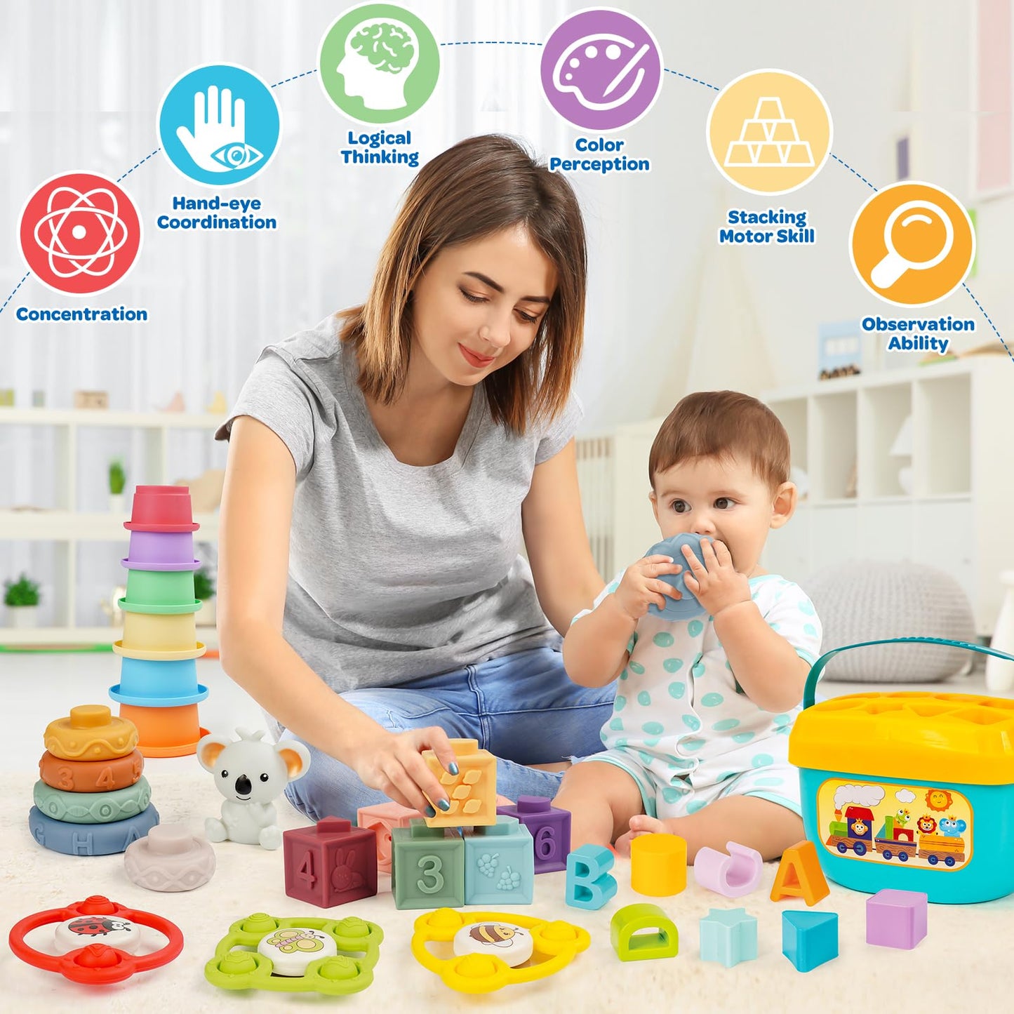 Montessori Toys for Babies Ages 6–12–18 Months with Sensory Shape Sorter Matching Game Box Stacking Cups Soft Ring, Building Blocks, Spinner Developmental Learning Toys for Toddlers 1+ Year Old