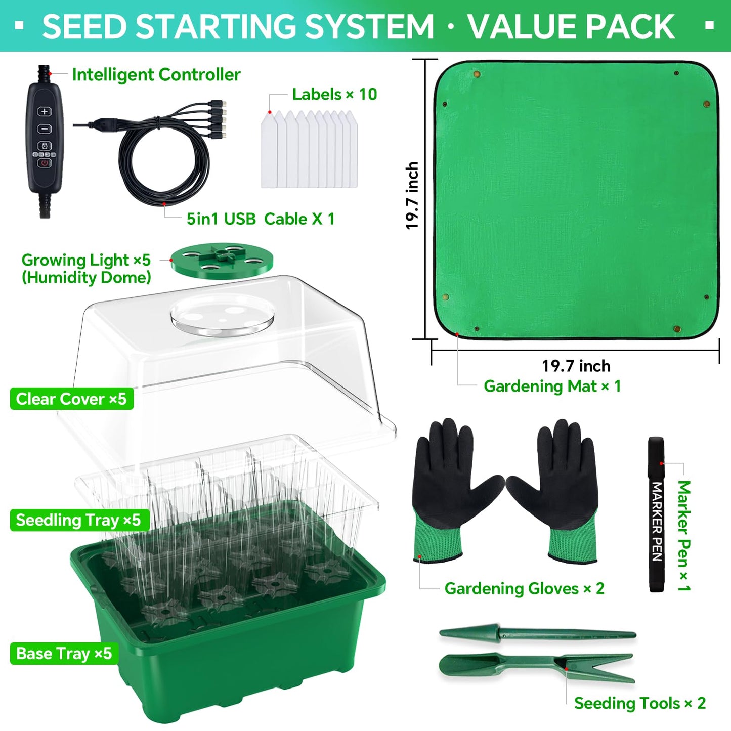 Framokoko 5 Packs Seed Starter Tray with LED Light, Upgraded 60 Cells Seed Starter Kit, Adjustable Brightness & Timing & Vents, Professional Seed Germination Kit for Indoor & Outdoor Plant Growing