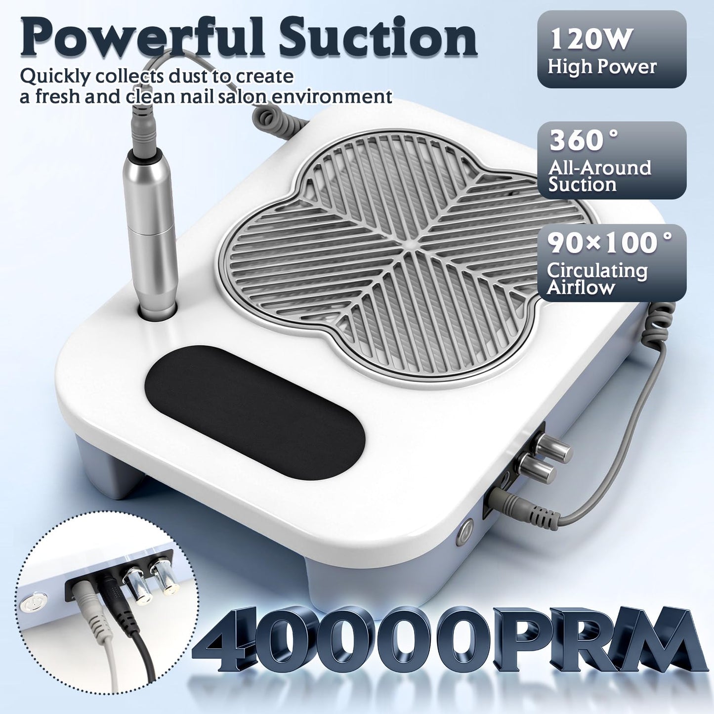 3 in 1 Nail Dust Collector with Drill Lamp Professional,40000RPM Electric Nail Drill Bits Efile Kit with Stepless Speed Control,Nail Dust Vacuum High Suction for Home Salon,Grey