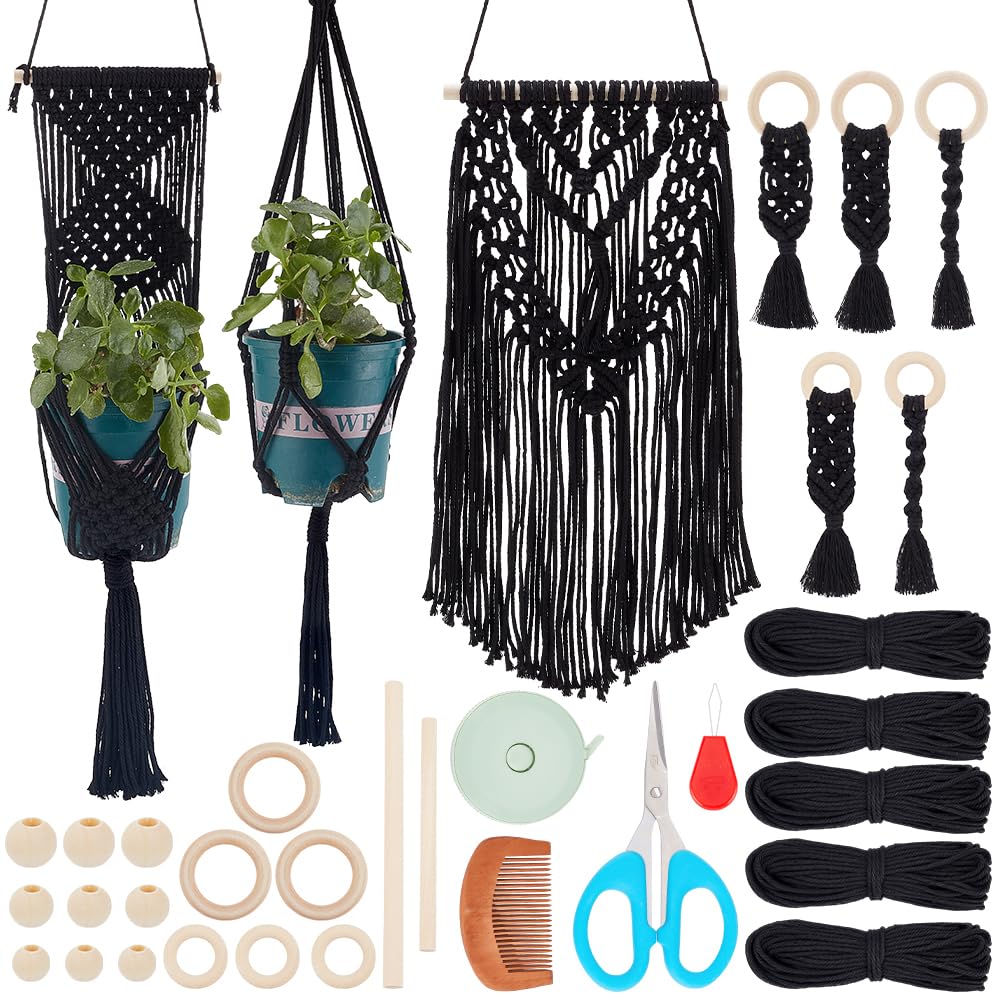 IFNUNLY 8 Set Black DIY Macrame Kit for Beginners - Starter Kit with Wall Hanging, Plant Hanger, Keychain & Instructions