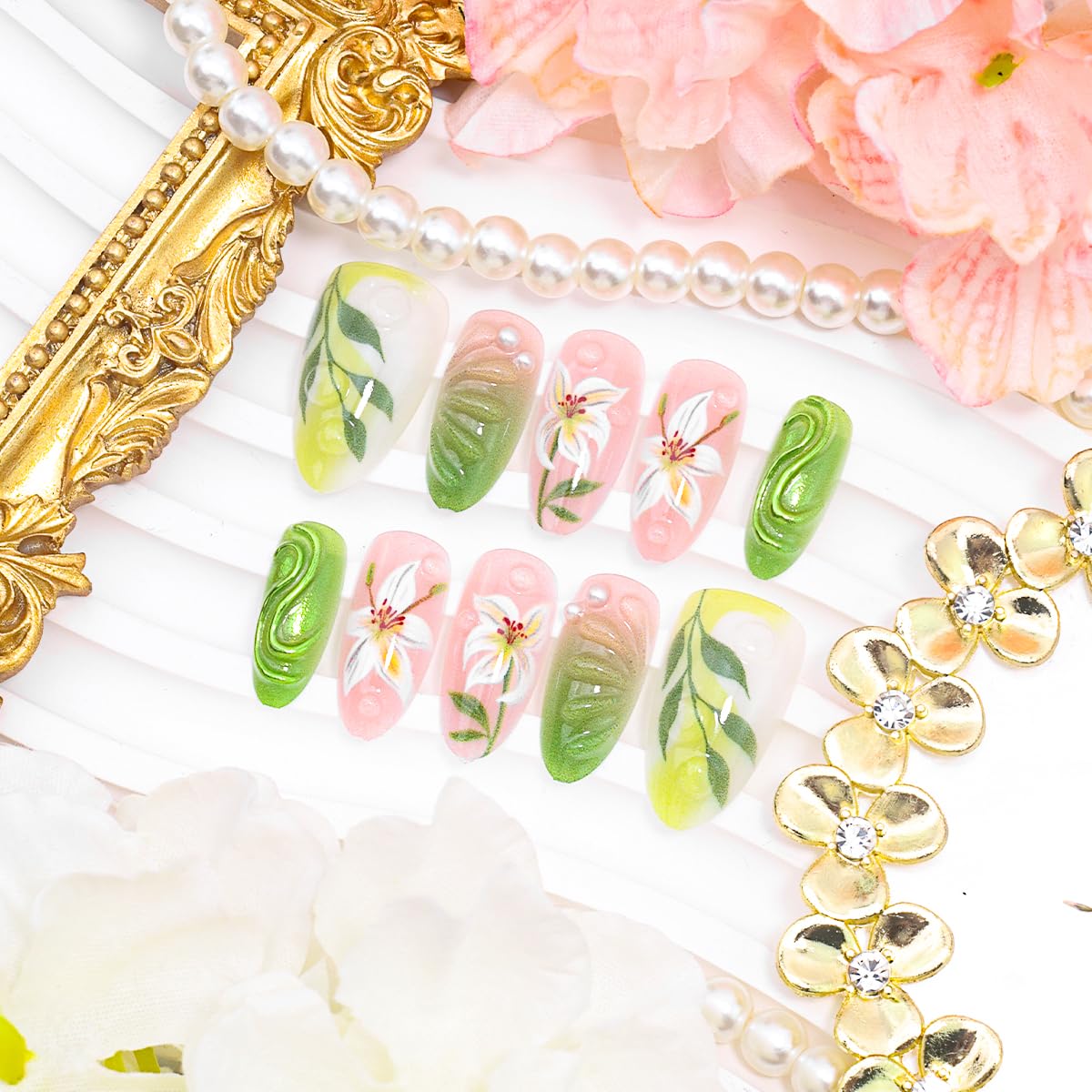 30Pcs Green Press on Nails Medium Almond Fake Nails with 3D Pearl Rhinestones Designs Spring Summer Acrylic Glue on Nails Lily Flower False Nails Gradient Green Full Cover Leaf Stick on Nail for Women