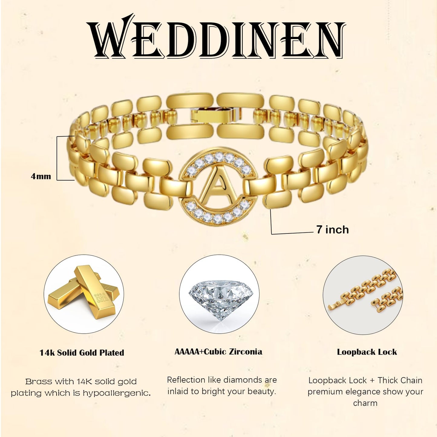 WEDDINEN Initial Bracelet - 14K Gold Plated Letter Bangle for Women, Christmas Jewelry Gift