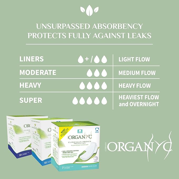 Organyc 100% Certified Organic Cotton Feminine Pads, Moderate Flow, 10 Count