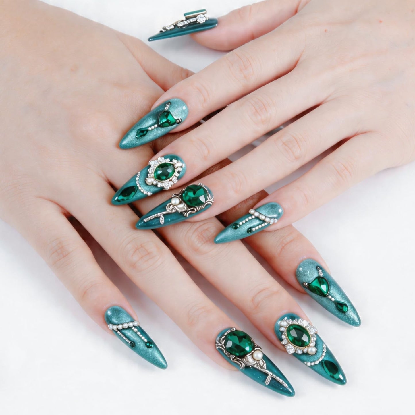 SILPECWEE 10PCS Almond Press on Nails Medium Green Cat Eye Fake Nails with Green Gem Alloy Nail Charms, Handmade Acrylic Long Press ons Nails for Women Manicure Supplies