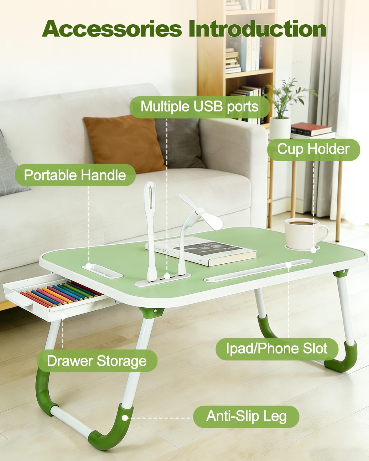 Foldable Laptop Bed Desk with Cup Holder and Fan Slot, Portable Lap Table for Work and Study, 23x15.5x9.65 Inches (Green)