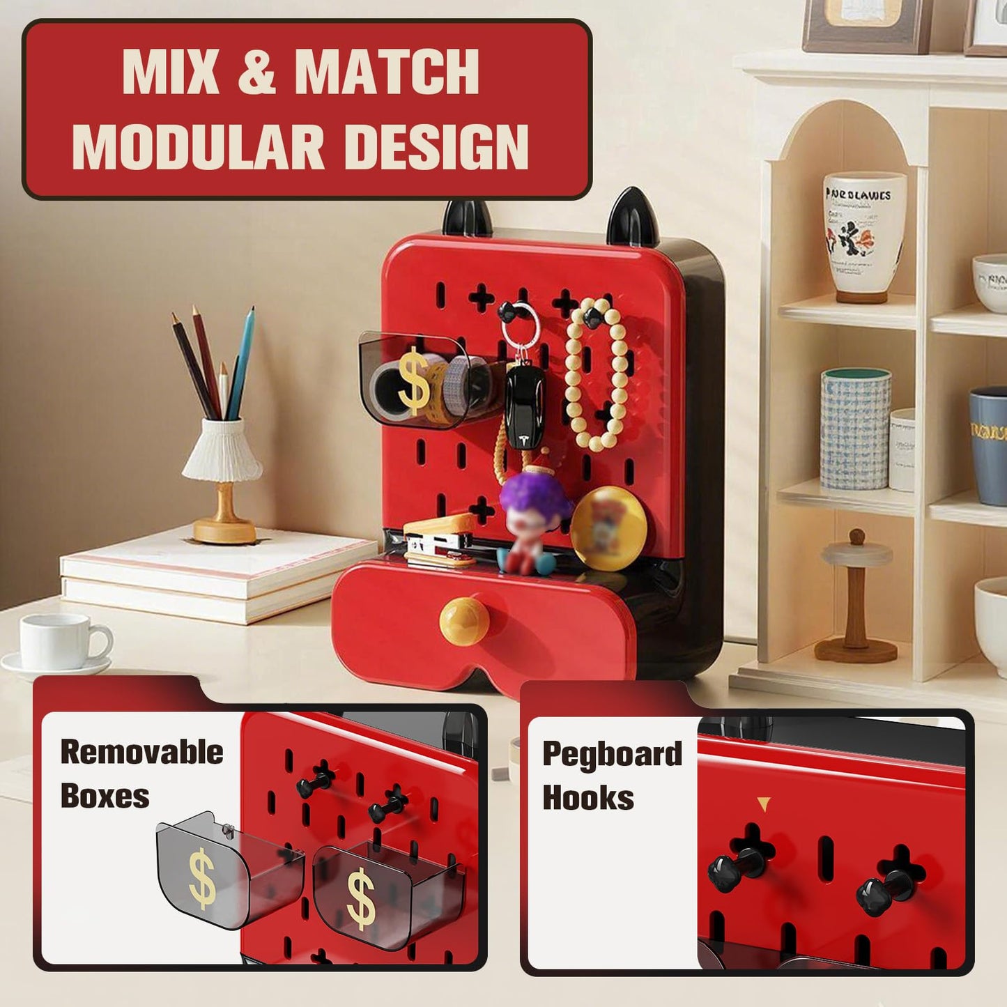 SWHC Desk Organizer Cute with Pegboard, Multifunctional Desktop Storage Box with Drawer & 2 Compartments, 3 Tier Desk with 2 Removable Boxes and Hooks, Art Supplies, Birthday Gifts for Kids