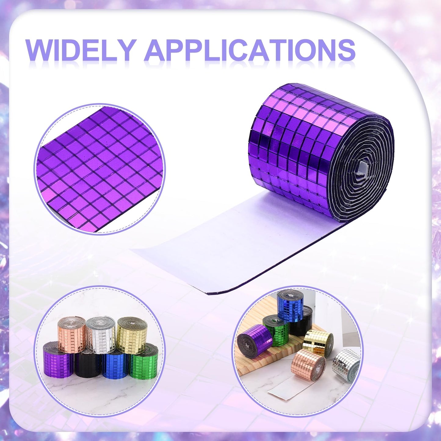 MECCANIXITY Self Adhesive Glass Mirror Mosaic Tiles 3200 Pcs 5 x 5 mm Disco Tiles for Craft Decoration Glass Mirror Disco Ball 2 Rolls (Purple/Green)