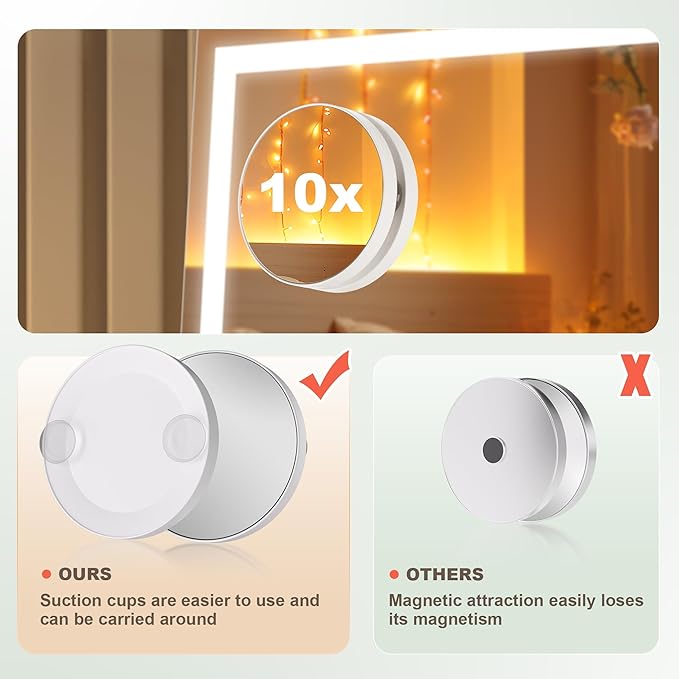 Hasipu Vanity Mirror with Lights, 32" x 24" LED Makeup Mirror, Light up Mirror with 10X Magnification and Phone Holder, USB Charging Port, Smart Touch 3 Colors Dimmable (White)