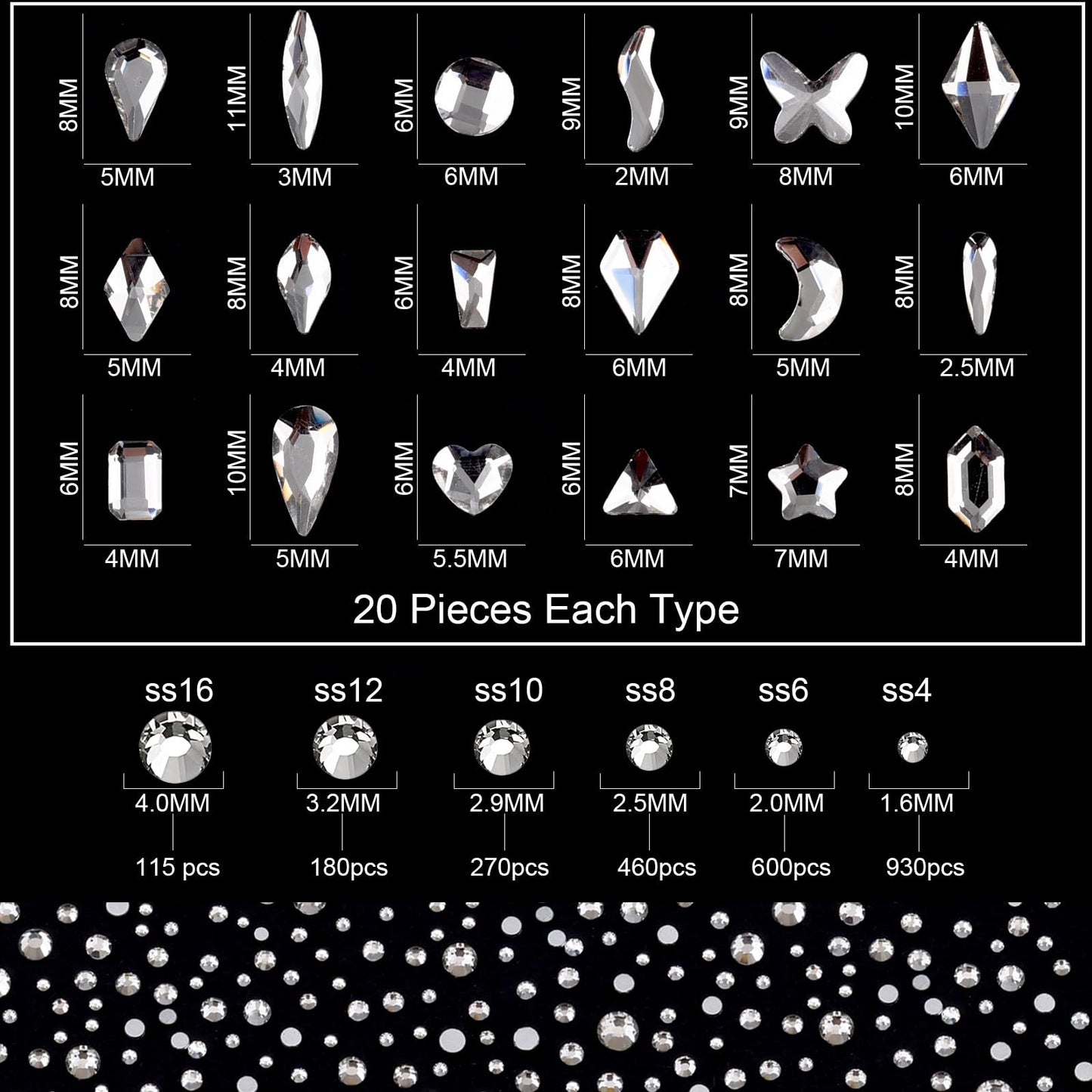 TEEKME 24-Grid Glass Nail Rhinestones Kit for Nail Art & Salon, 2800+pcs Clear Flat Back Crystals, 18 Shapes & 6 Sizes Diamonds for DIY, Acrylic & Gel Nails, with Tweezers