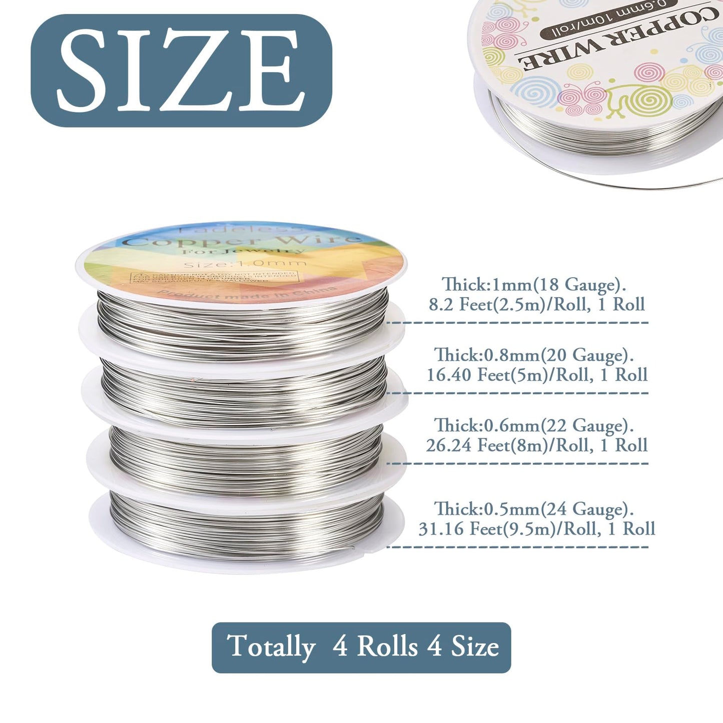 Pandahall 4 Rolls Silver Copper Wire 18/20/22/24 Gauge Crafting Wire 4 Sizes Tarnish Resistant Wrapping Wire Bendable Metal Wire for Handcrafting Supplies