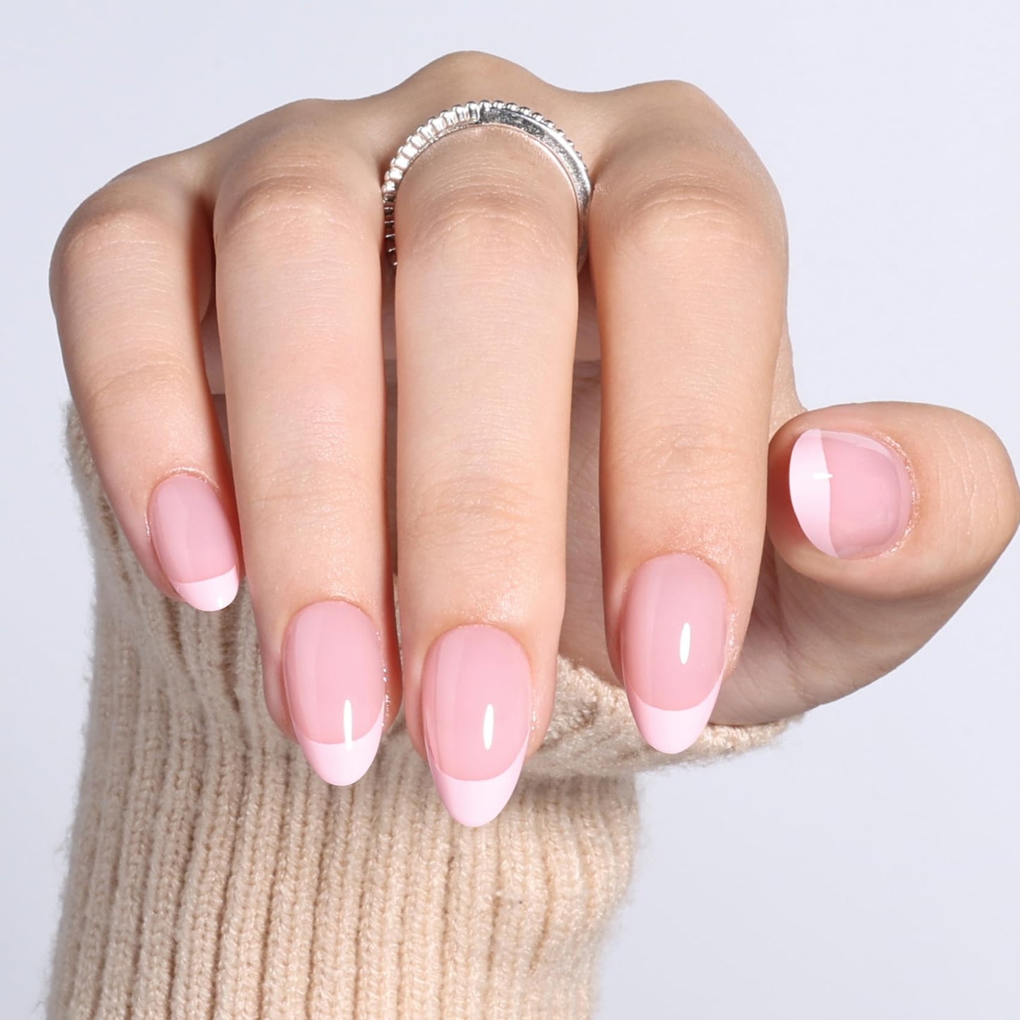 Pink French Tip Press On Nails - Short Almond Fake Nails with Nail Glue, Pink French Tip Press On Nails Reusable Stick On Nails in 16 Sizes 32 Nail Kit for Women | Salon Quality
