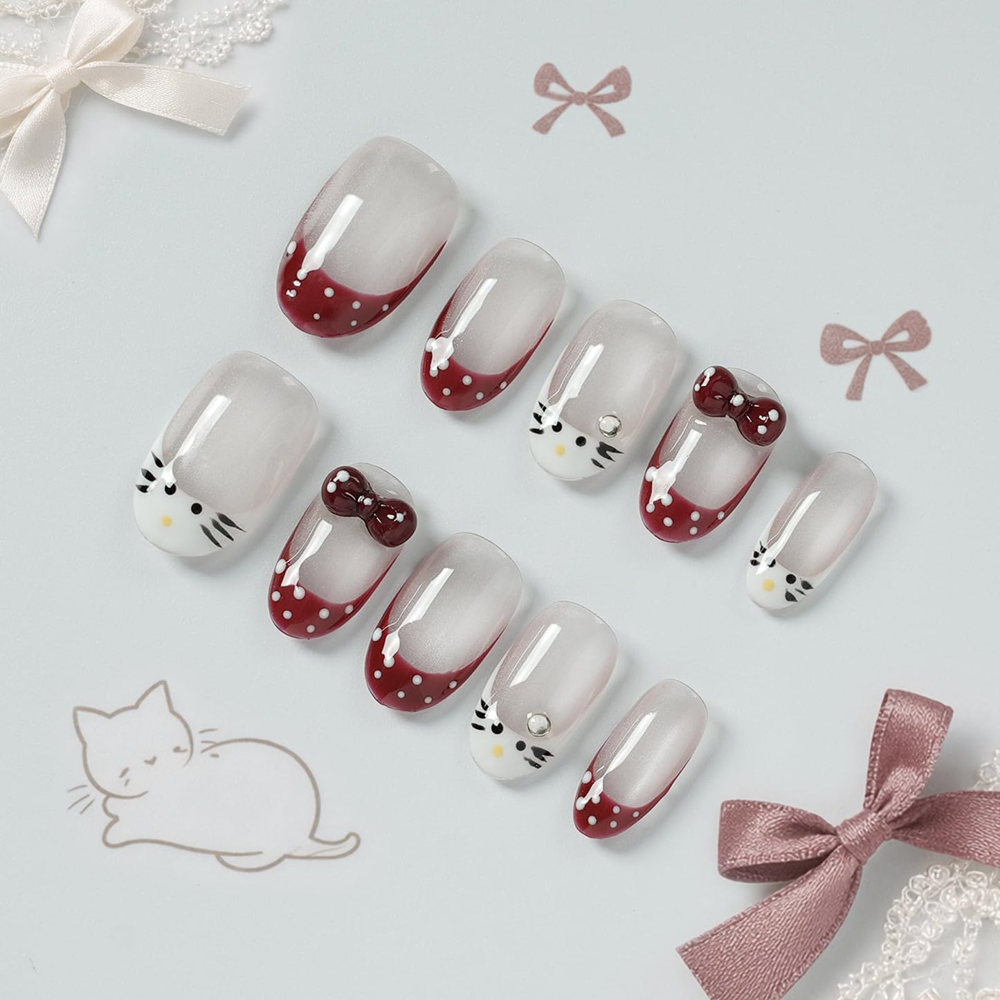 Tesytto Handmade Press on Nails Almond Shape Glossy Reusable False Nails for Nail Art (Cute Cat Polka, M)